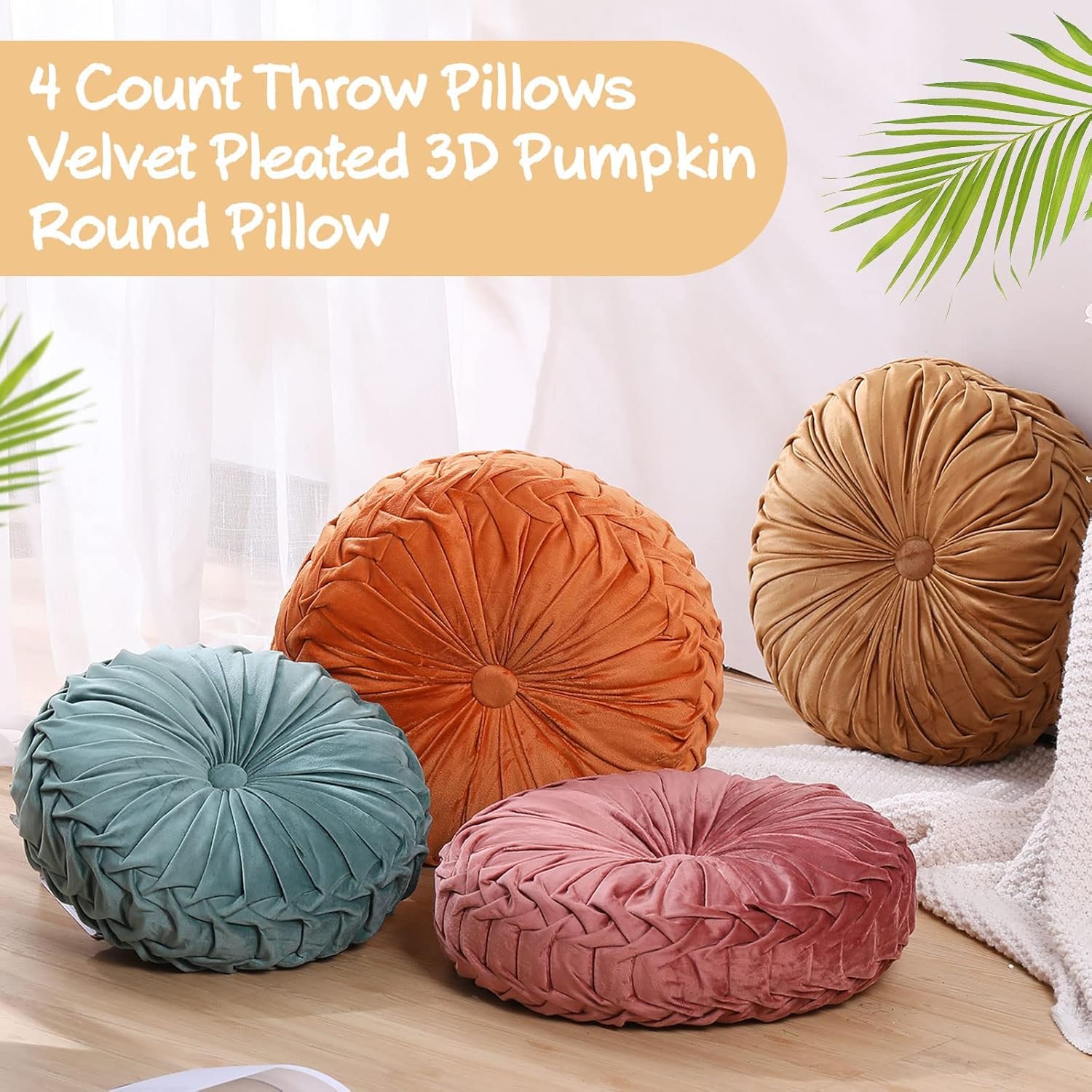 1747703418 kathfly 4 count round throw pillow velvet pleated 3d pumpkin round pillow boho floor cushion couch for bed chair home car sofa decorations 14.17 x 14.17 inches colorful.jpg