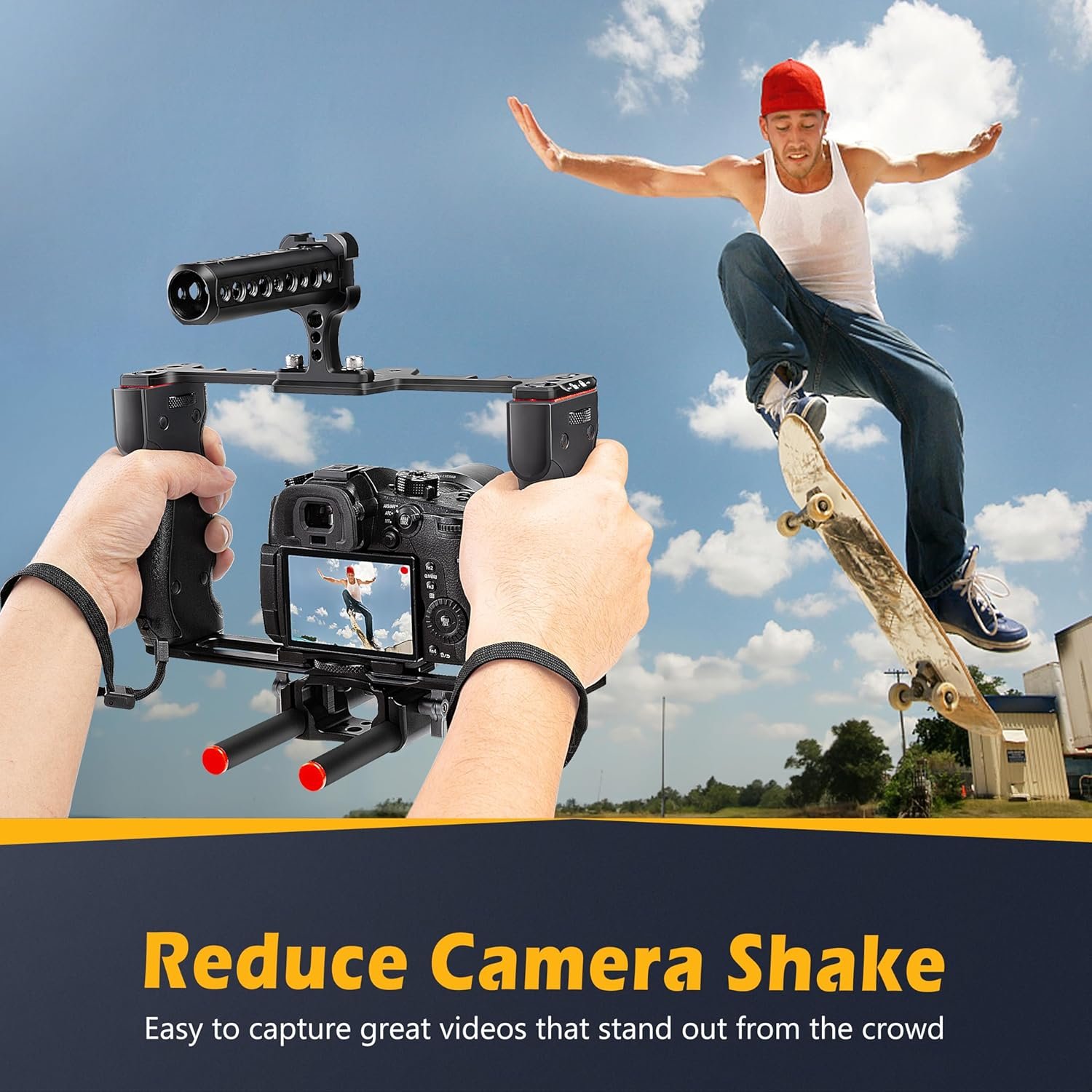 1747753583 zeadio camera video rig cage aluminum filmmaking movie making kit with top handle arca type base and two 15mm rod guide compatible with all dslr camera and camcorder.jpg