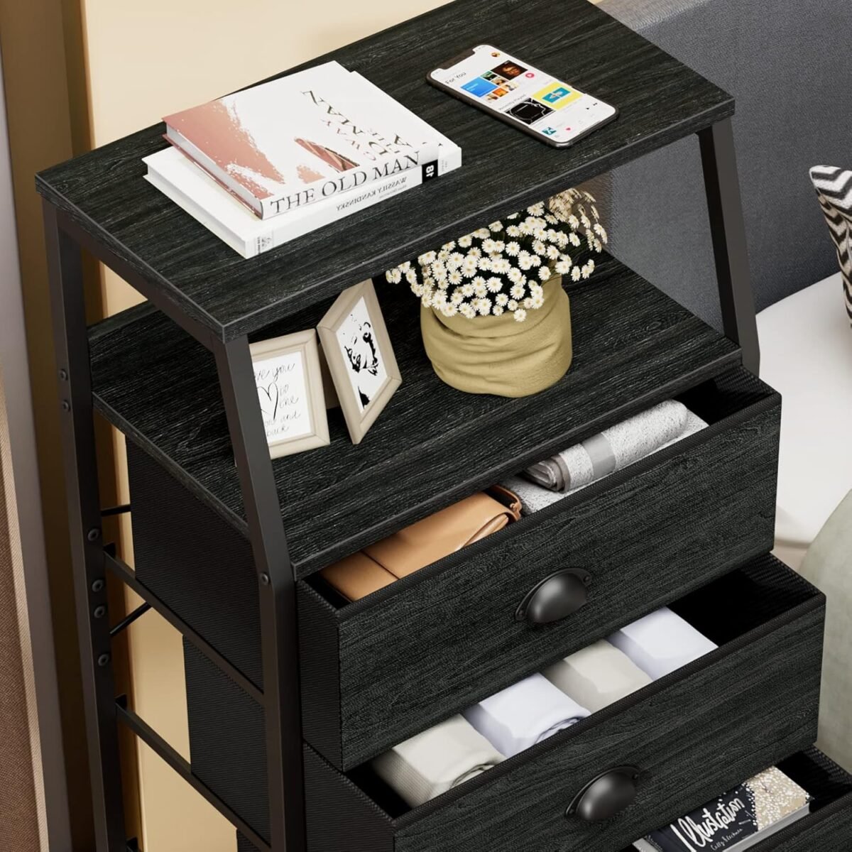 1747820063 furnulem tall 4 drawers dresser vertical storage tower black dresser for bedroom hallway entryway nursery closet organizer nightstand bedside table furniture sturdy steel frame wood top.jpg