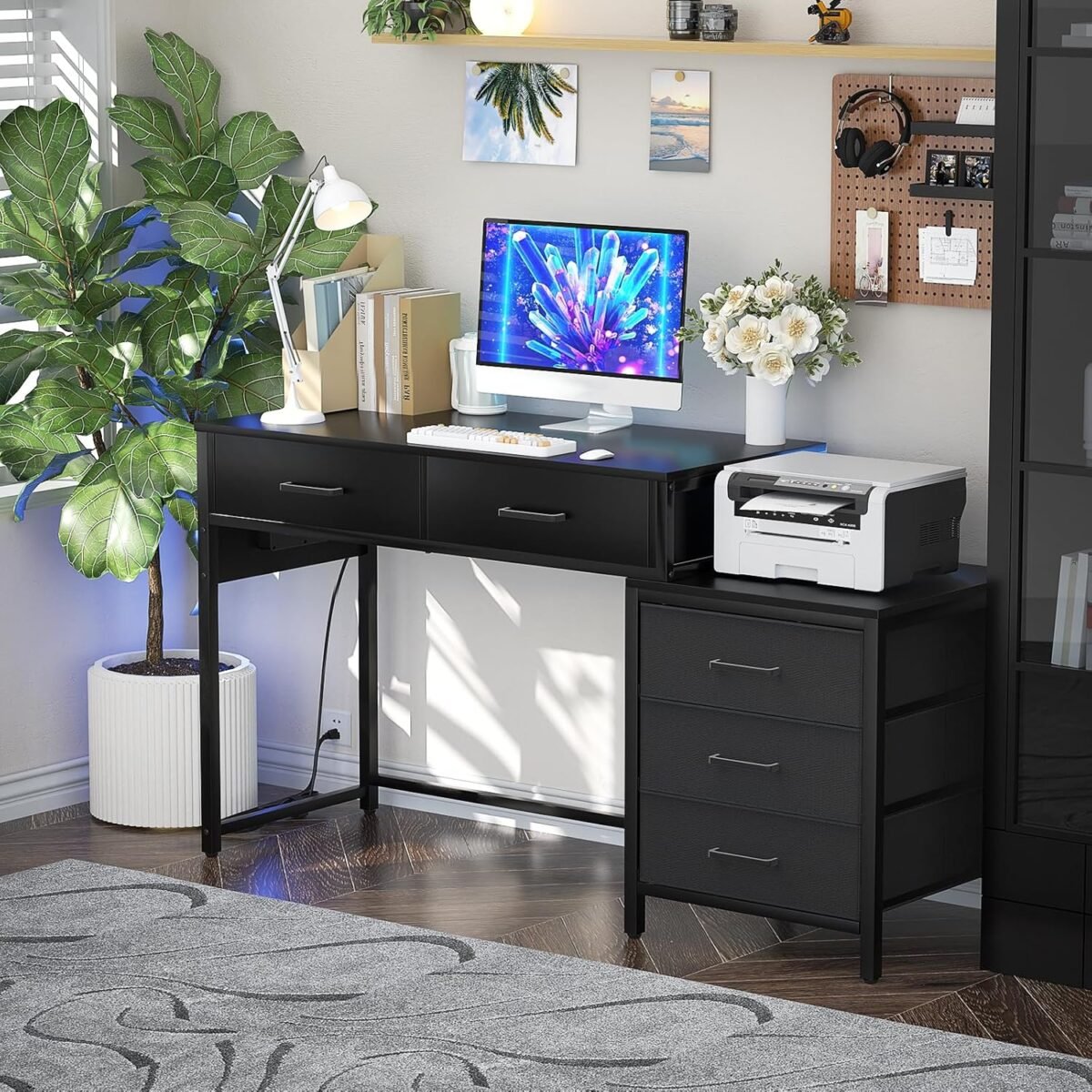 1747820426 computer desk with 5 drawer reversible office desk with power outlets and usb charging ports sturdy writing table with file cabinet and printer stand laptop desk for small spaces black.jpg