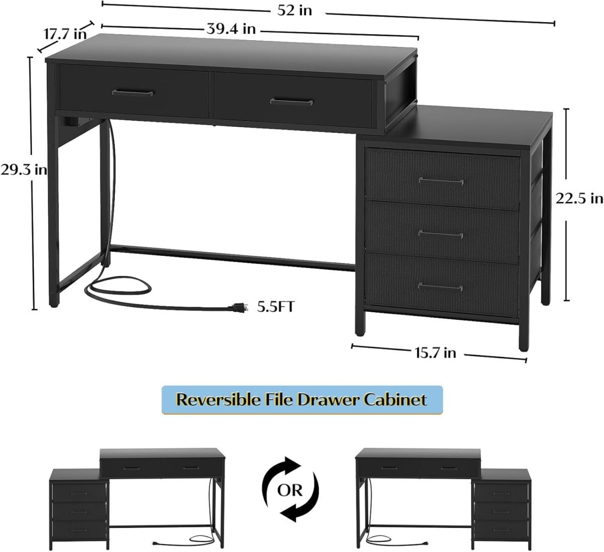 1747820427 computer desk with 5 drawer reversible office desk with power outlets and usb charging ports sturdy writing table with file cabinet and printer stand laptop desk for small spaces black.jpg