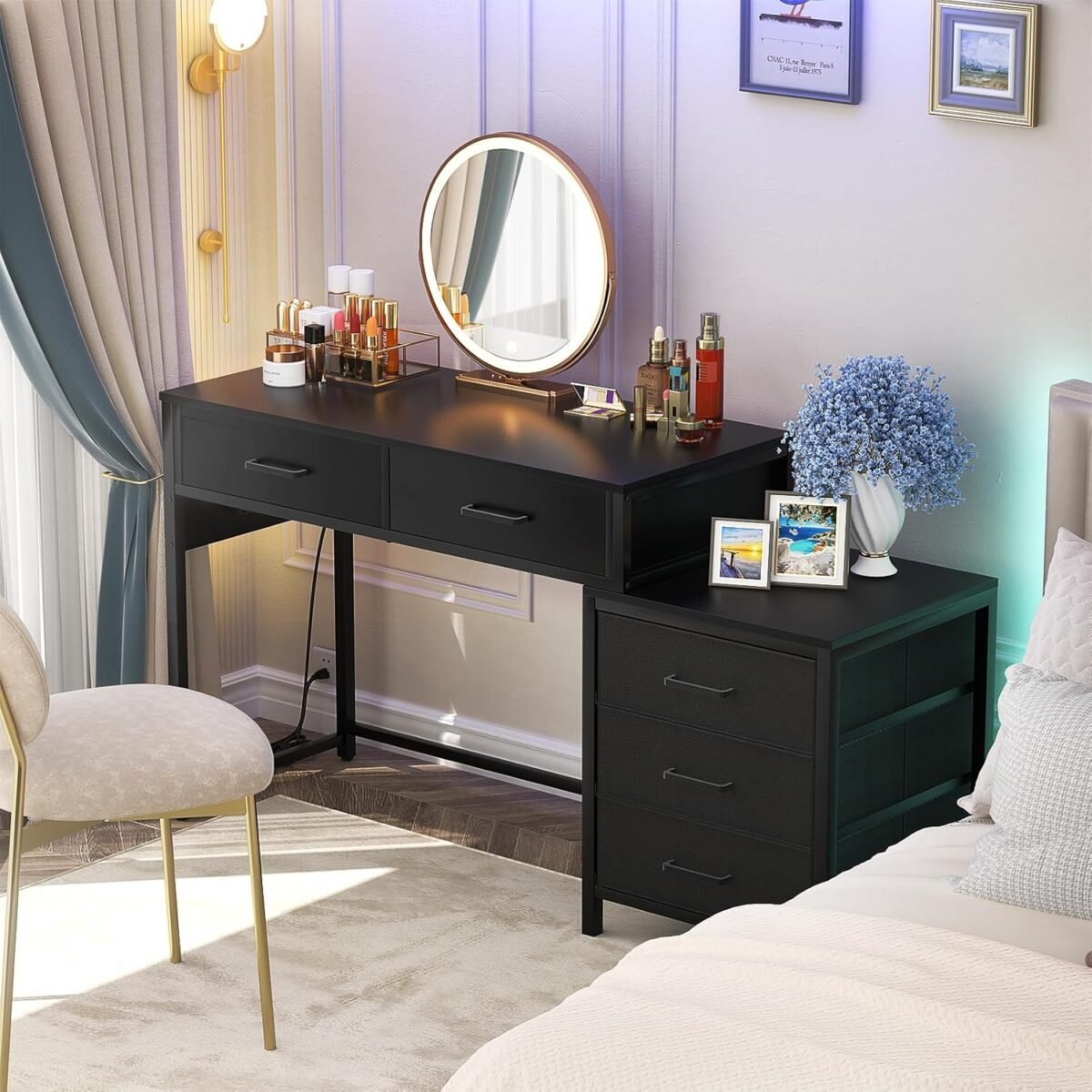 1747820429 computer desk with 5 drawer reversible office desk with power outlets and usb charging ports sturdy writing table with file cabinet and printer stand laptop desk for small spaces black.jpg