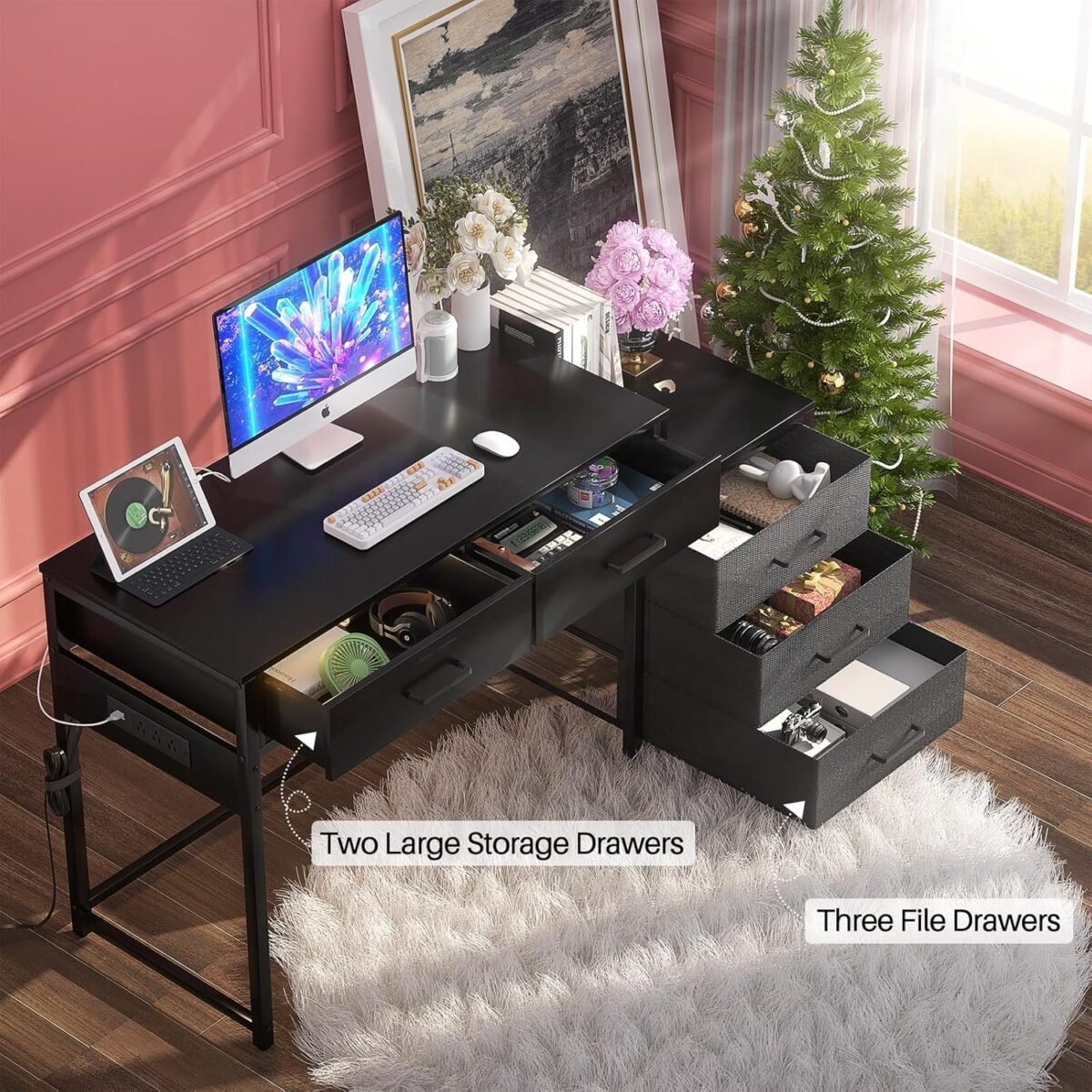 1747820431 computer desk with 5 drawer reversible office desk with power outlets and usb charging ports sturdy writing table with file cabinet and printer stand laptop desk for small spaces black.jpg