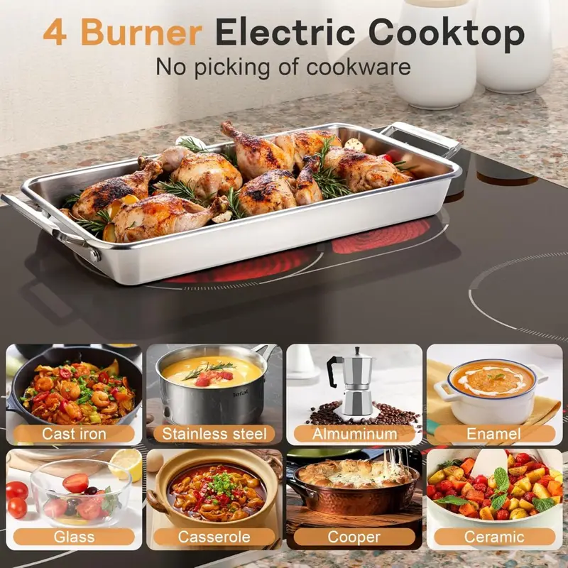 30 Inch Electric Cooktop, 4 Burner Electric Stove with Double Ring Burner & Extended Zone, 6600W Electrics Cooktop 220V-240V, 9 Power Levels, Slide Control, Safety Lock, Timer 30 Inch Electric Cooktop, 4 Burner Electric Stove with Double Ring Burner & Extended Zone, 6600W Electrics Cooktop 220V-240V, 9 Power Levels, Slide Control, Safety Lock, Timer
