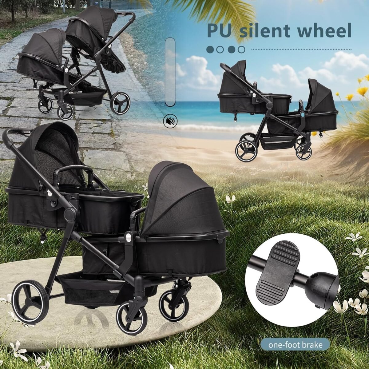 1748021015 twins strollersingle double lightweight travel folding stroller reversible bassinet pram for newborntoddler with 5 point harnessadjustable canopyguardrailsstorage.jpg