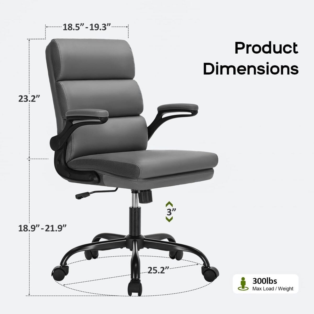 1748054877 office chair adjustable desk chair mid back executive comfortable bonded leather ergonomic back support home computer chair with padded flip up armrest swivel wheels gray.jpg