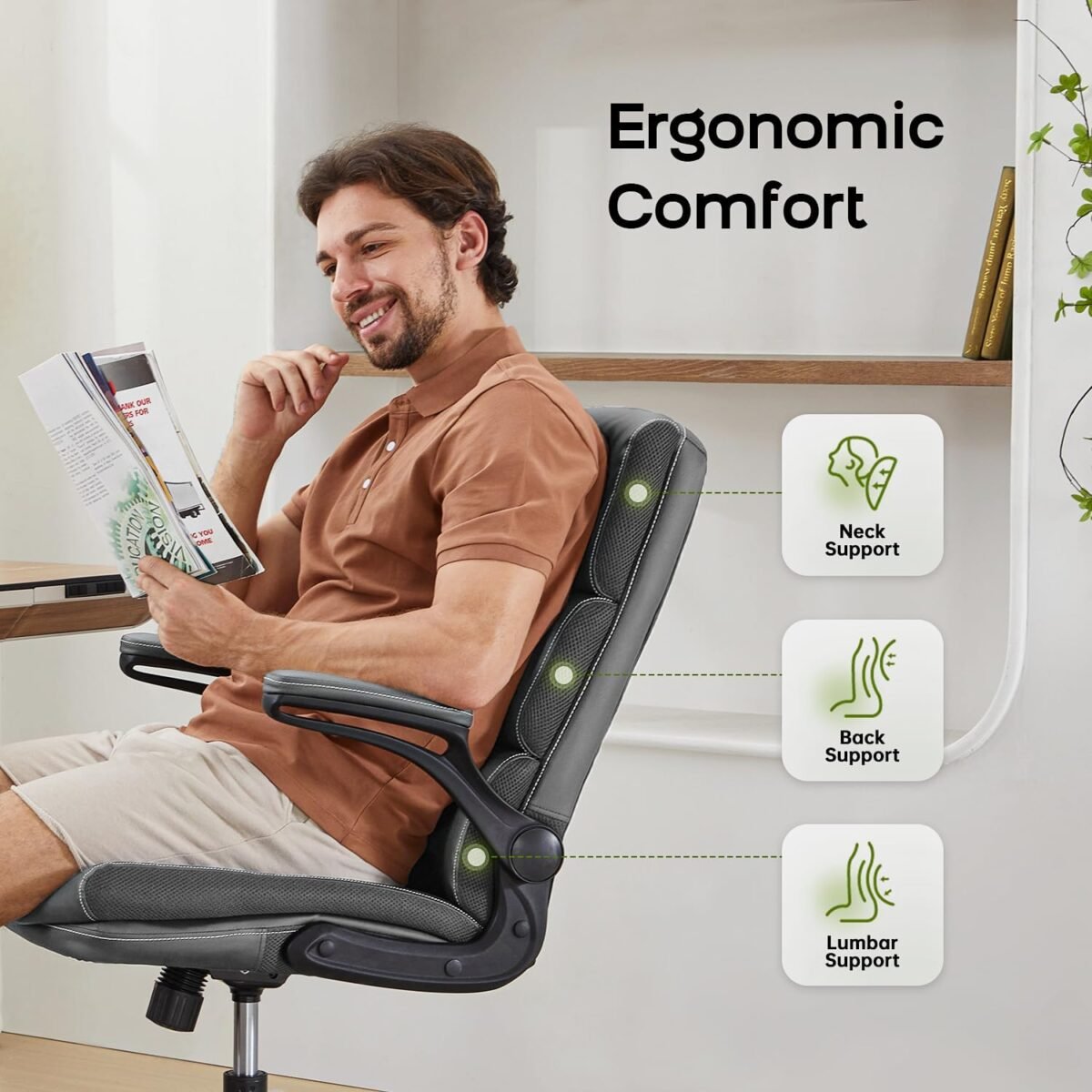 1748054878 office chair adjustable desk chair mid back executive comfortable bonded leather ergonomic back support home computer chair with padded flip up armrest swivel wheels gray.jpg