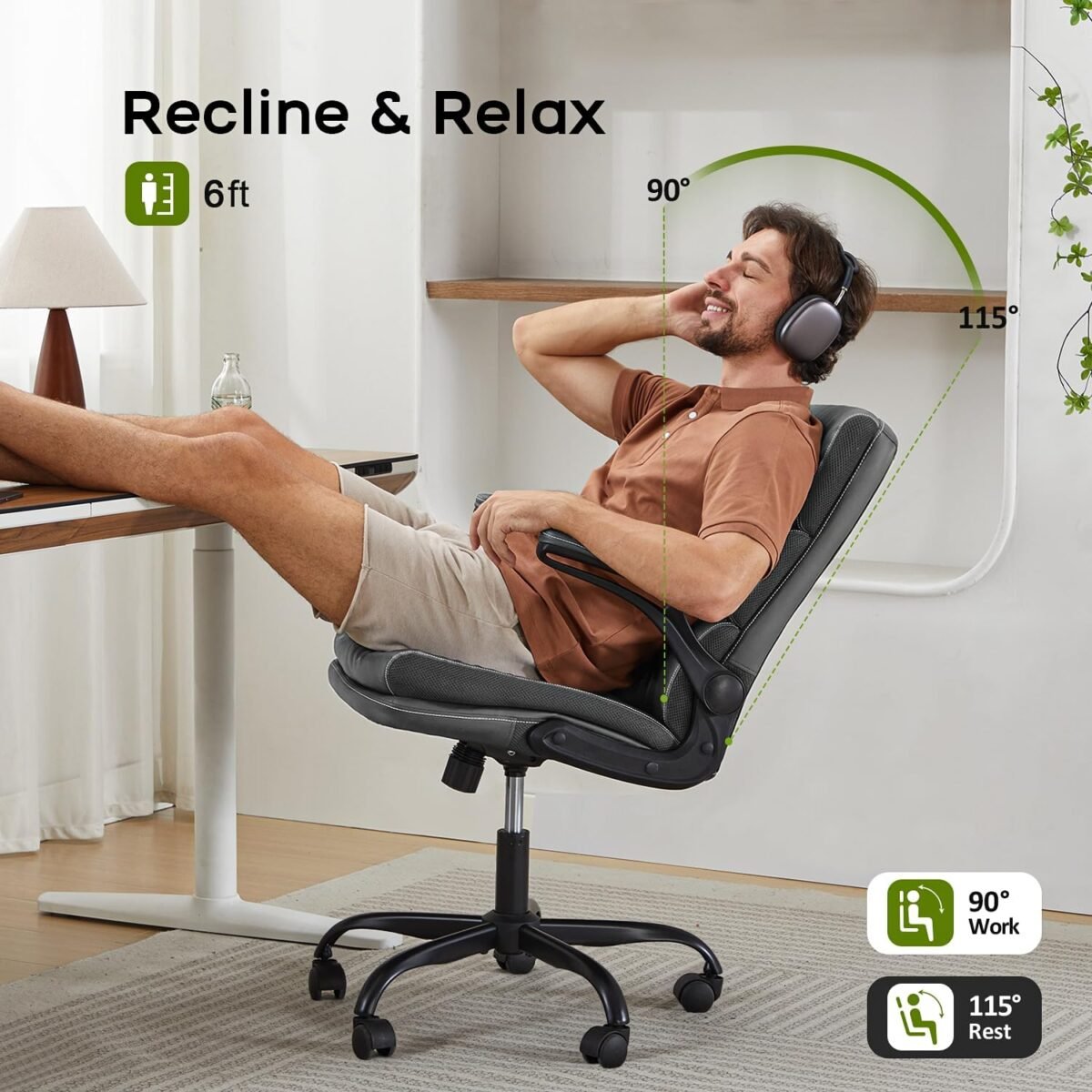 1748054879 office chair adjustable desk chair mid back executive comfortable bonded leather ergonomic back support home computer chair with padded flip up armrest swivel wheels gray.jpg