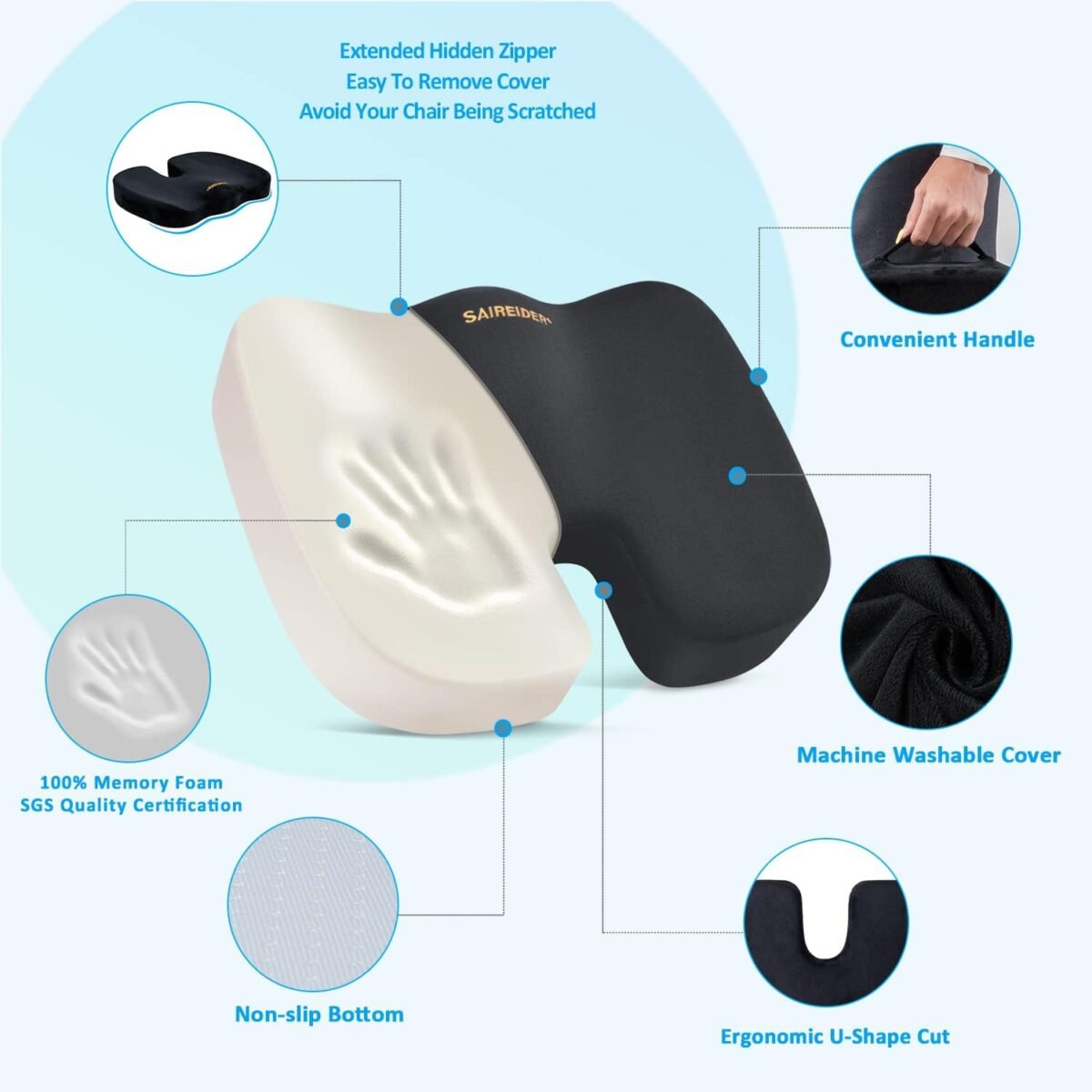 1748055037 saireider seat cushion and lumbar support pillow for office chair memory foam car seat cushions back support pillows help relieve pain of back lumbar tailbone and sciatic nerve（black）.jpg