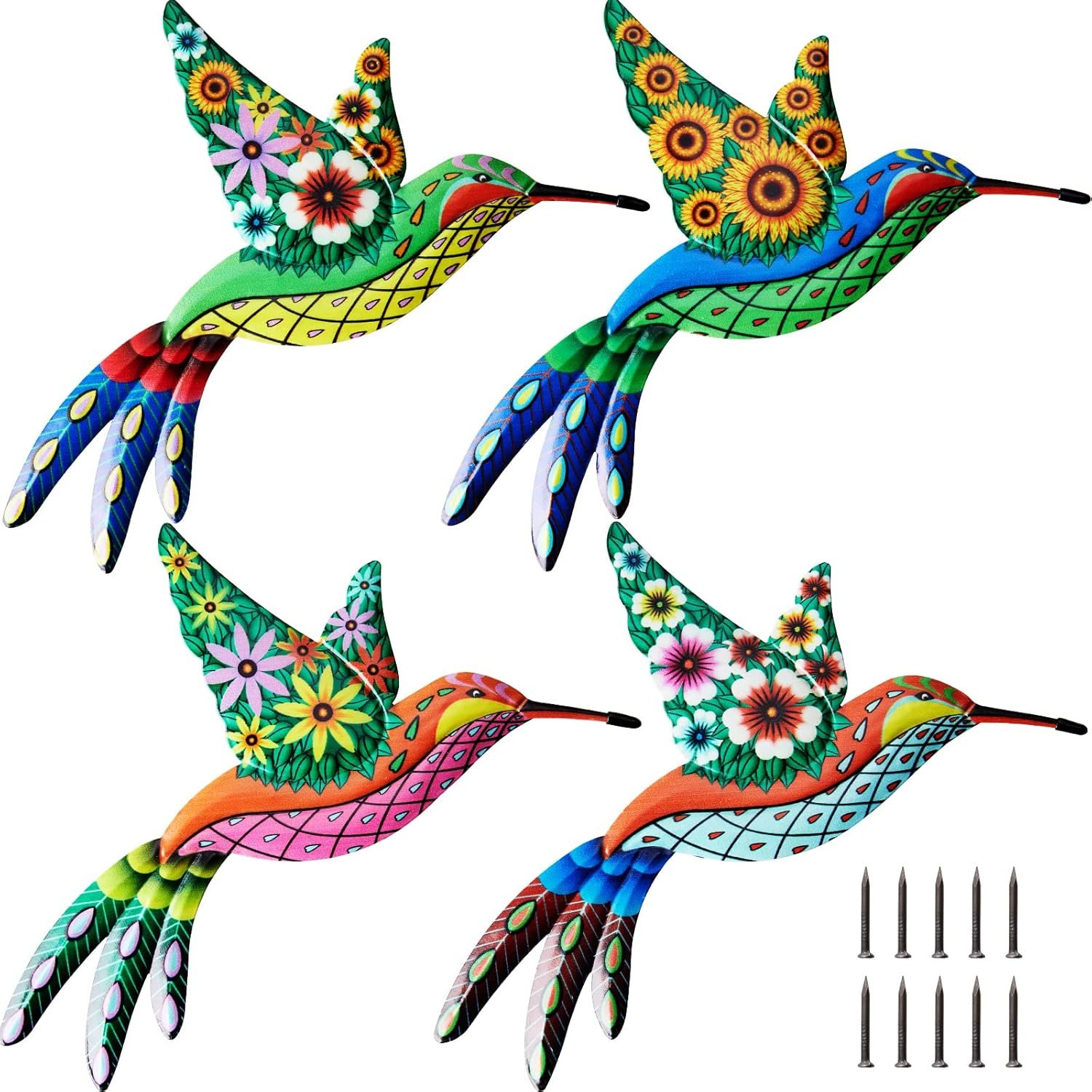 4 pack metal hummingbird wall art iron 4d hummingbird outdoor wall sculpture garden fence hanging decor with colorful birds nails for patio living room bedroom.jpg