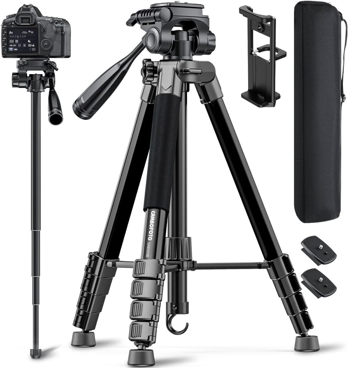 73 camera tripod and monopod professional aluminum tripod stand for mirrorless cameradslrcell phonecamcordergopro with phone holder and travel bag black.jpg