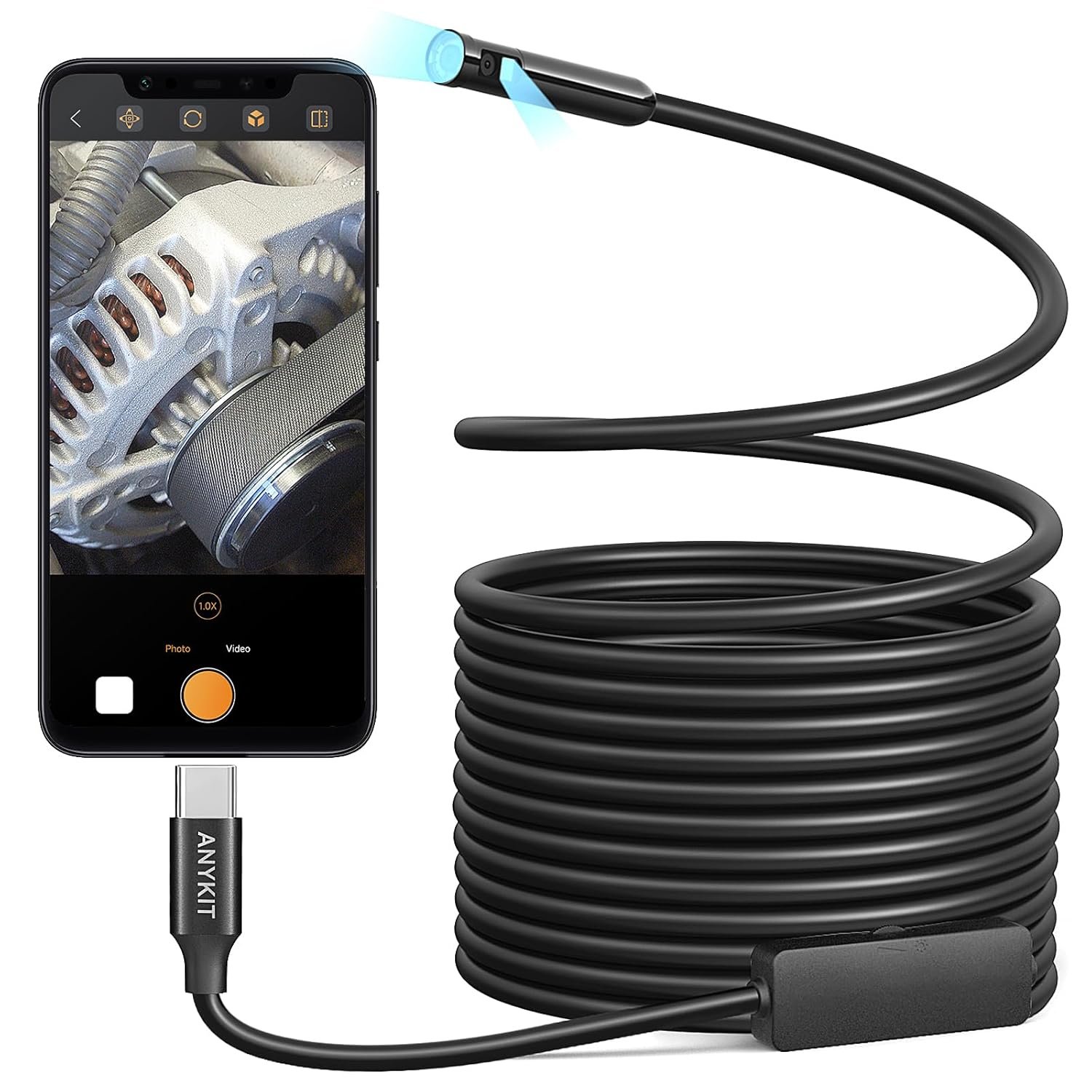 Anykit dual lens endoscope camera type c borescope with 8 adjustable led lights ip67 waterproof 16.5ft semi rigid snake cord inspection camera compatible with type c iphone 15 android phone.jpg