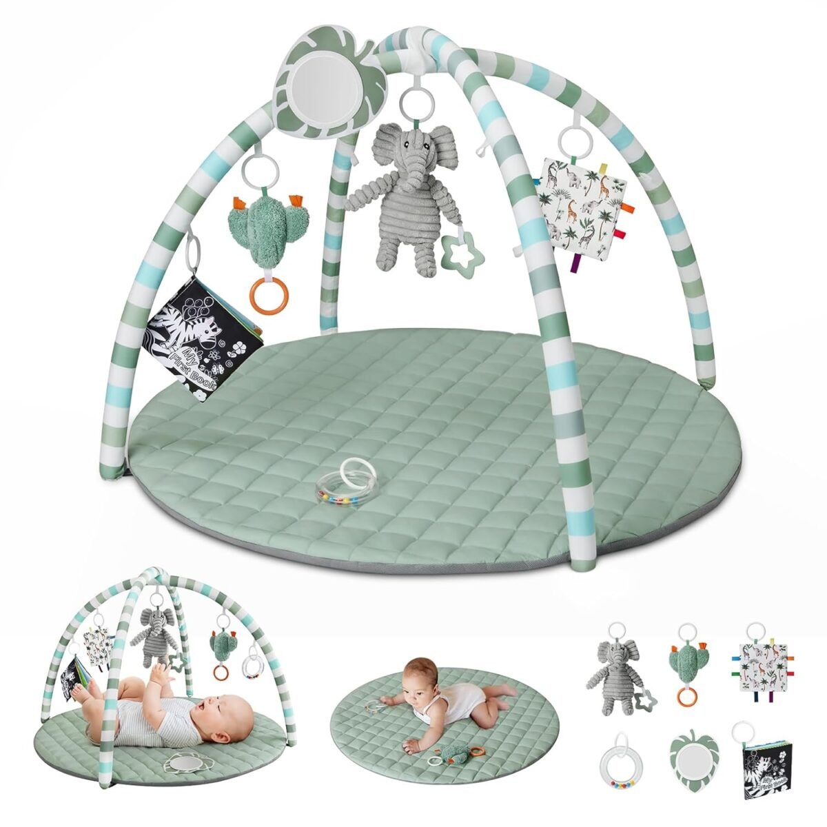 Blissful diary baby play gym mat tummy time mat with 6 detachable toys for stage based sensory motor skill development baby activity mat easy to install clean baby essentials gift sage green.jpg