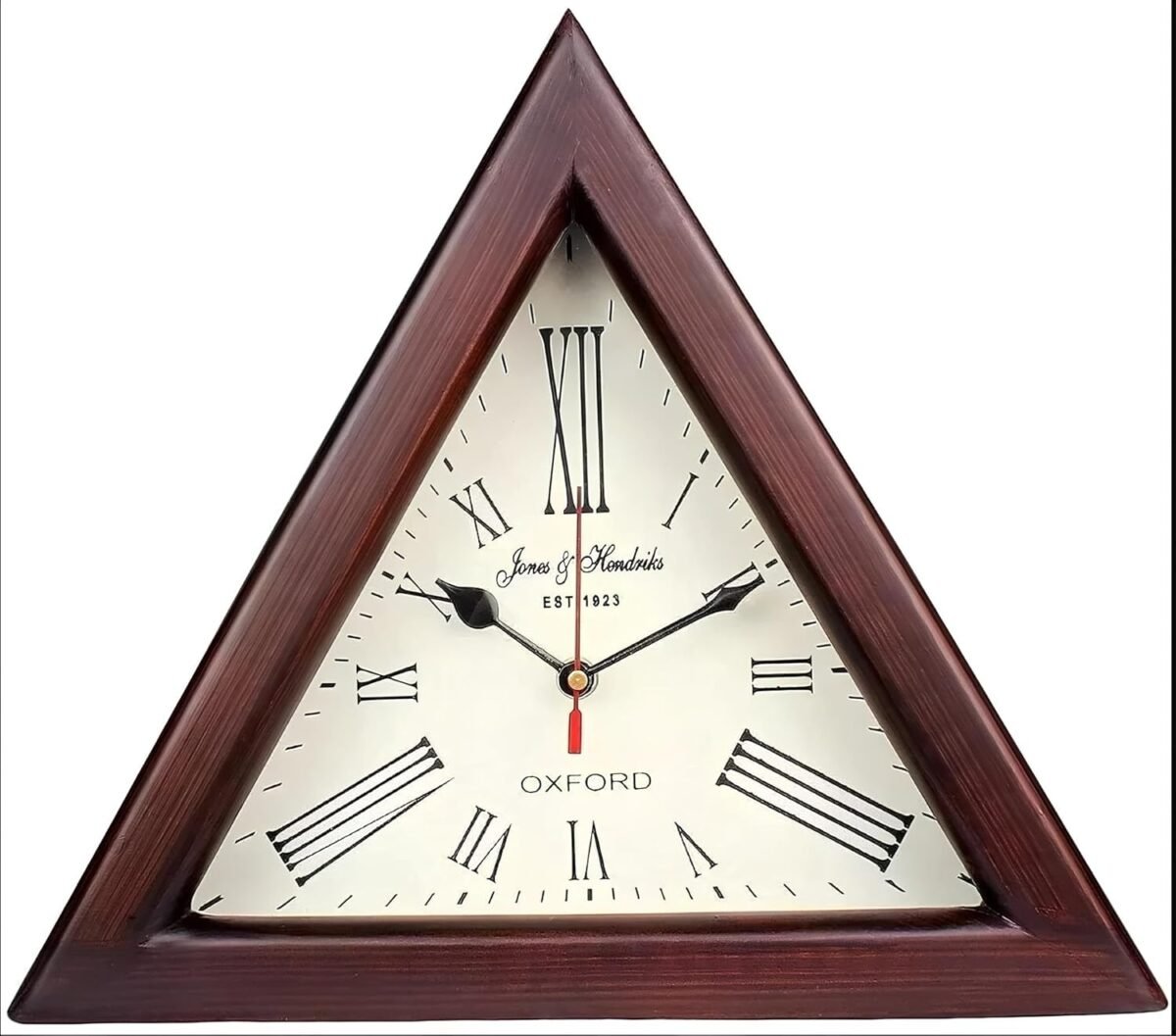 Brown wooden triangle shape wooden wall clock vintage nautical style roman number silent wall clock mid century modern battery operated mantel wall hanging clock 12 inch.jpg