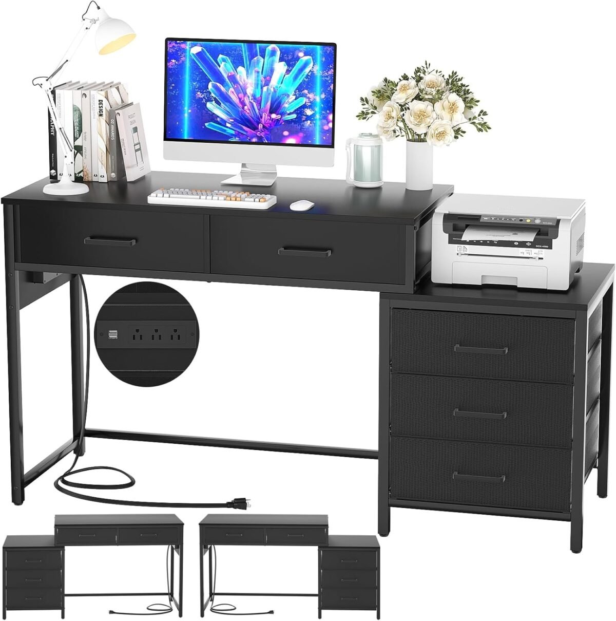 Computer desk with 5 drawer reversible office desk with power outlets and usb charging ports sturdy writing table with file cabinet and printer stand laptop desk for small spaces black.jpg