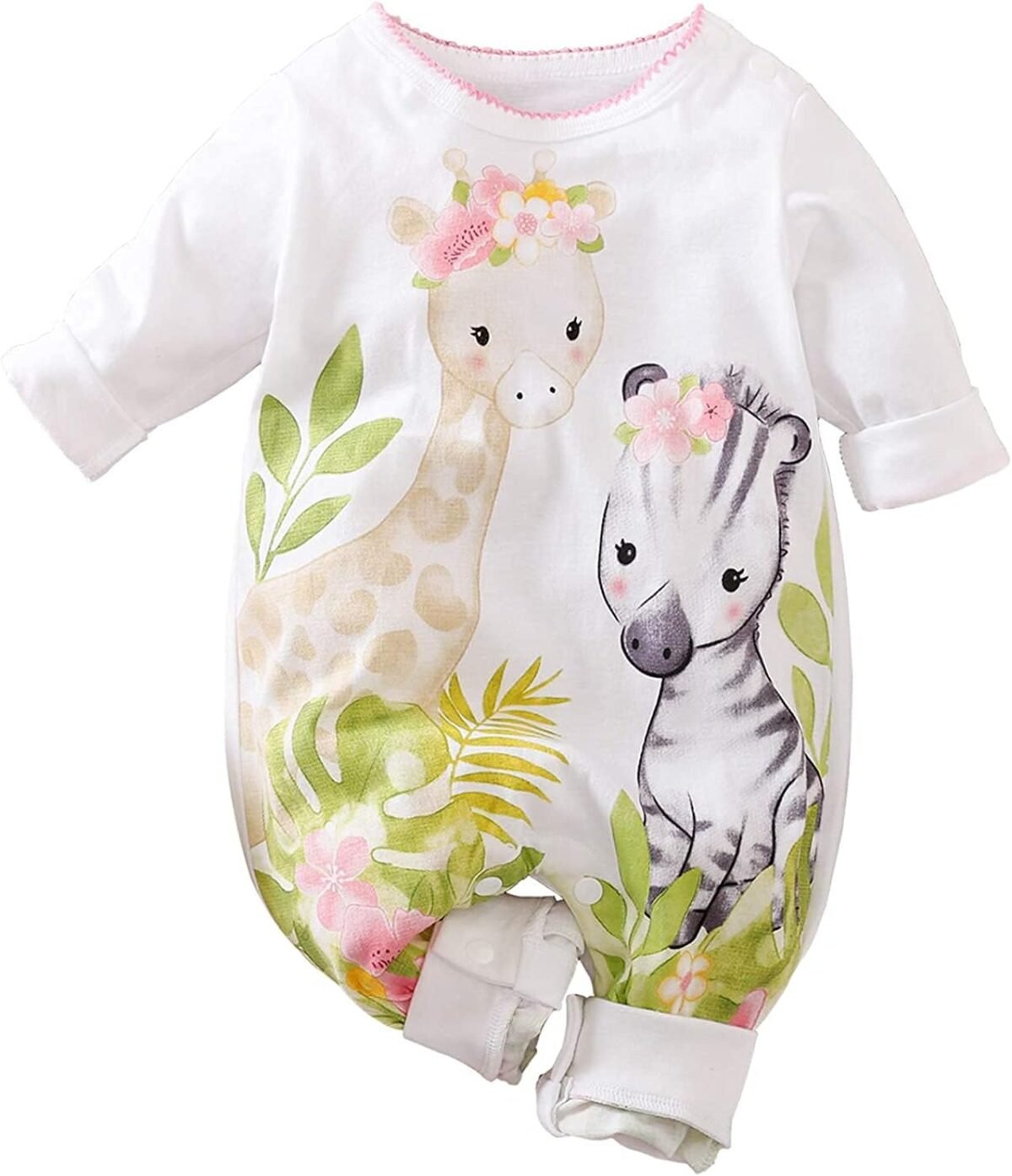 Cute giraffe zebra with floral print long sleeve baby girl clothes white jumpsuit for baby one piece romper.jpg