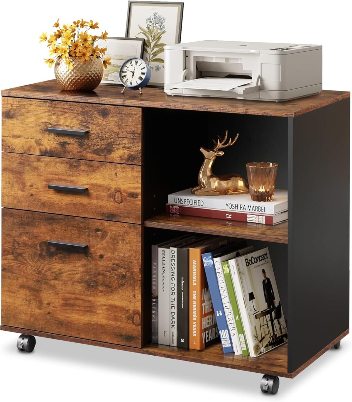 Devaise 3 drawer mobile file cabinet wood lateral filing cabinet printer stand with open shelves for home office rustic brown.jpg