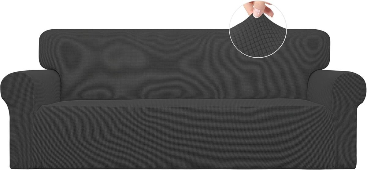 Easy going stretch sofa slipcover 1 piece sofa cover furniture protector couch soft with elastic bottom for kids polyester spandex jacquard fabric small checks sofa dark gray.jpg