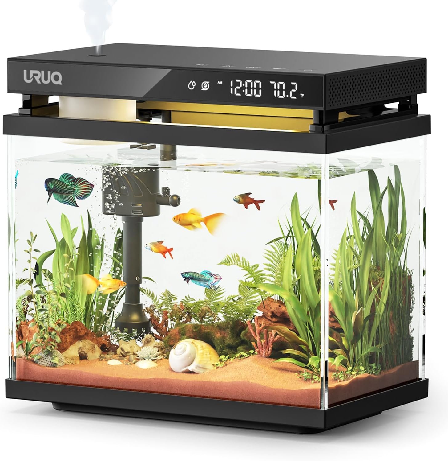 Fish tank smart aquarium kit uruq 2gal uhd glass silent pump self cleaning multi layer filtration system 7 color lights fragrance diffuser humidifier temperature display room desktop decor black.jpg