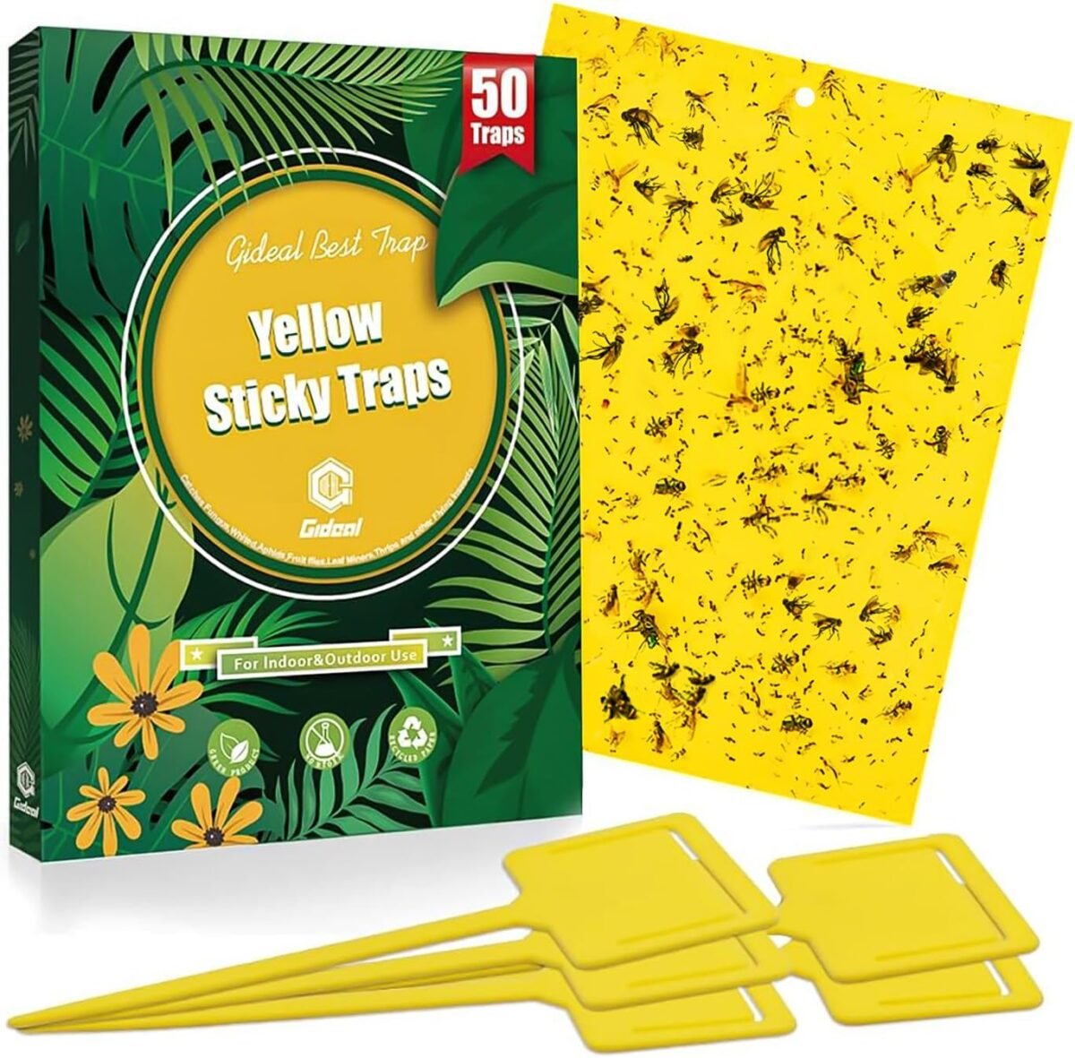 Gideal 50 pack dual sided yellow sticky traps for flying plant insect fungus gnats whiteflies aphids leafminers thrips 6x8 inches included 50pcs twist ties.jpg