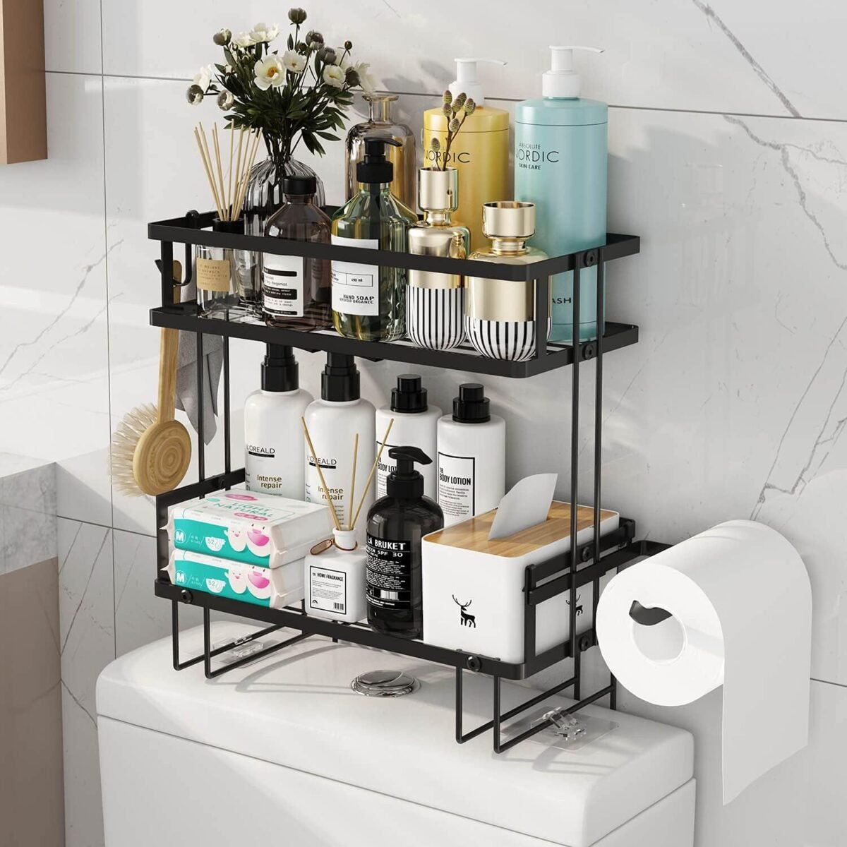 Godboat bathroom organizers 2 tier over toilet storage floating shelves with 2 hooks paper holder wall mounted shelf furniture cool accessories decor gifts for women mothers day black.jpg
