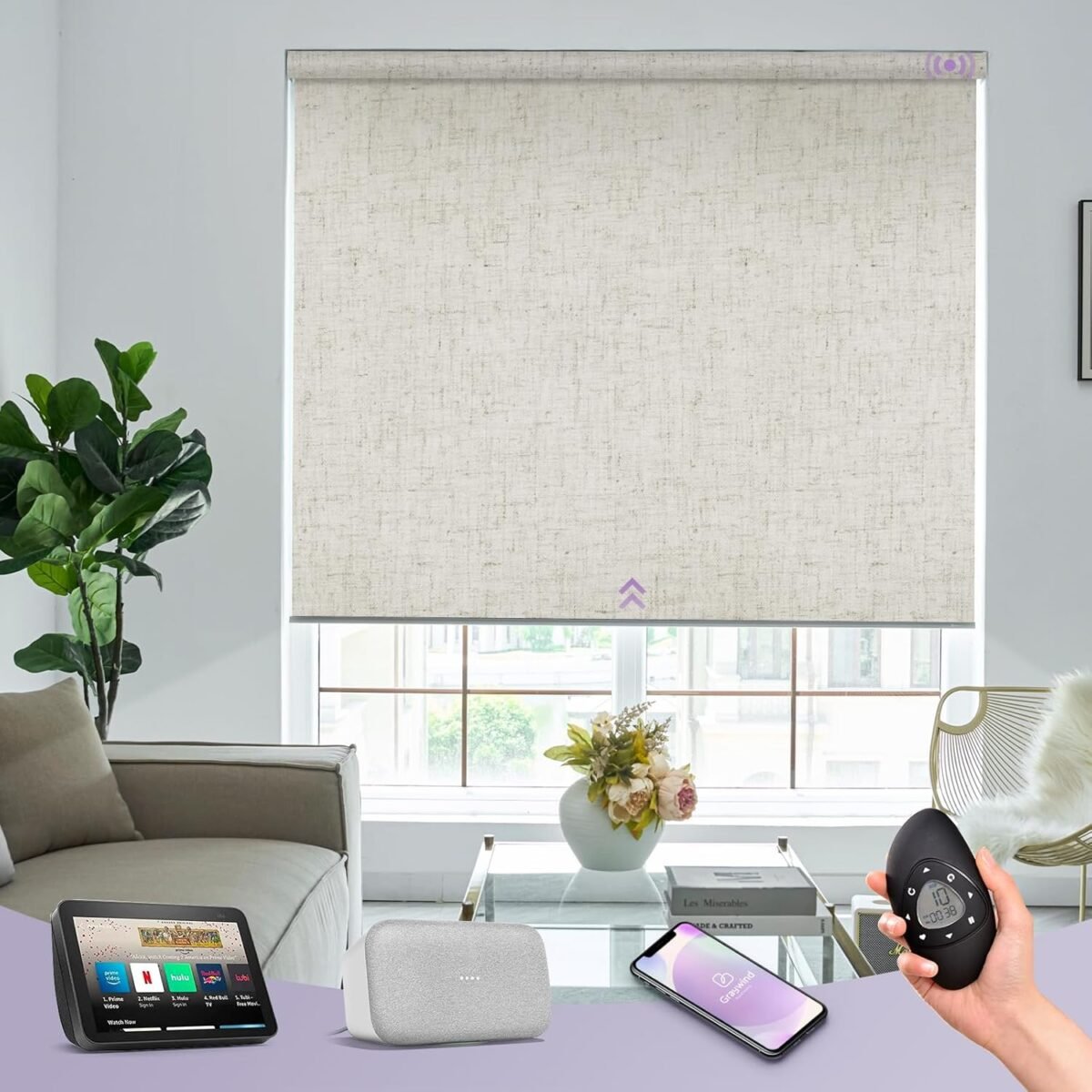 Graywind motorized roller shades 100 blackout free stop window shades cordless wireless remote control window roller blinds with valance for smart home and office customized size linen beige.jpg