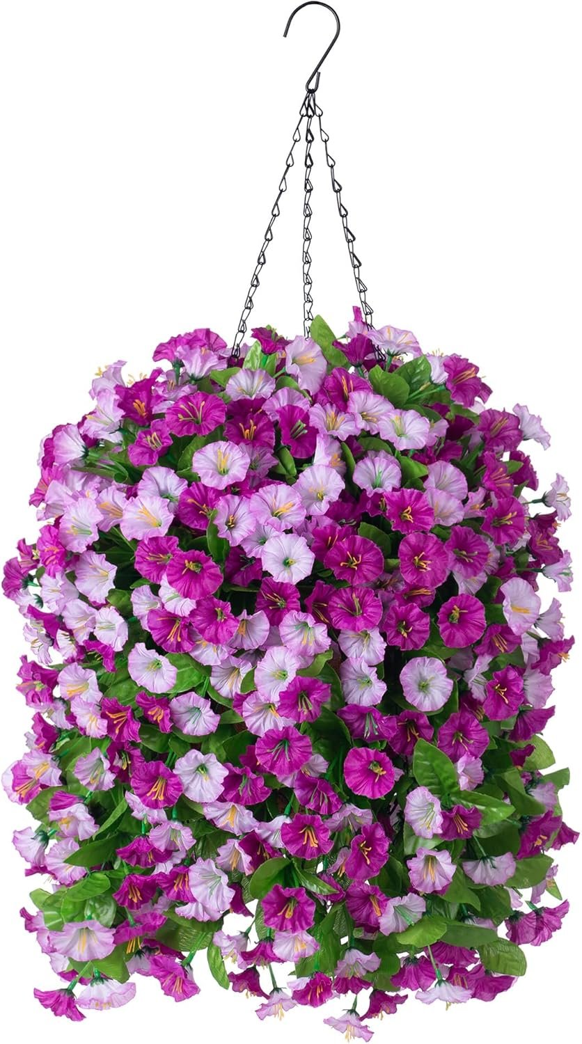 Hanging baskets with artificial flowers for plants outdoor indoor faux silk morning glory vines faux green plant arrangement for garden patio spring summer decordarkorchid.jpg