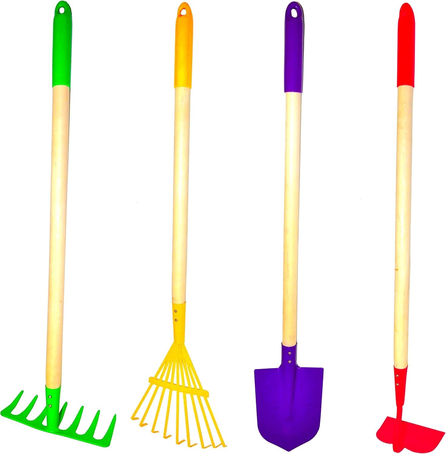 Justforkids kids garden tool set toy rake spade hoe and leaf rake reduced size made of sturdy steel heads and real wood handle 4 piece multicolored 5yr.jpg
