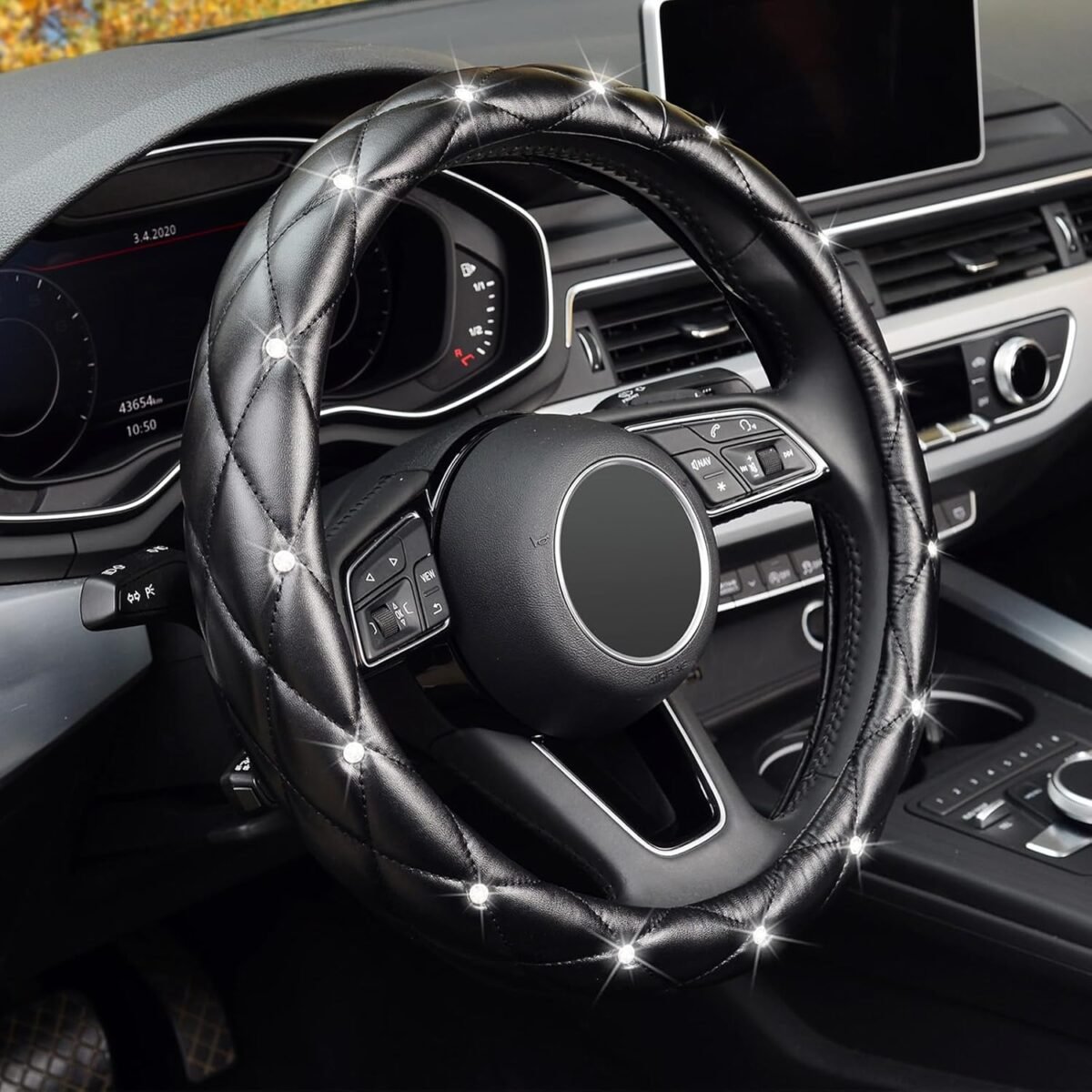 KAFEEK Diamond Soft Leather Steering Wheel Cover with Bling Bling Crystal Rhinestones, Universal 15 inch Anti-Slip, Car Interior Accessories for Women Girls, Black - Image 2