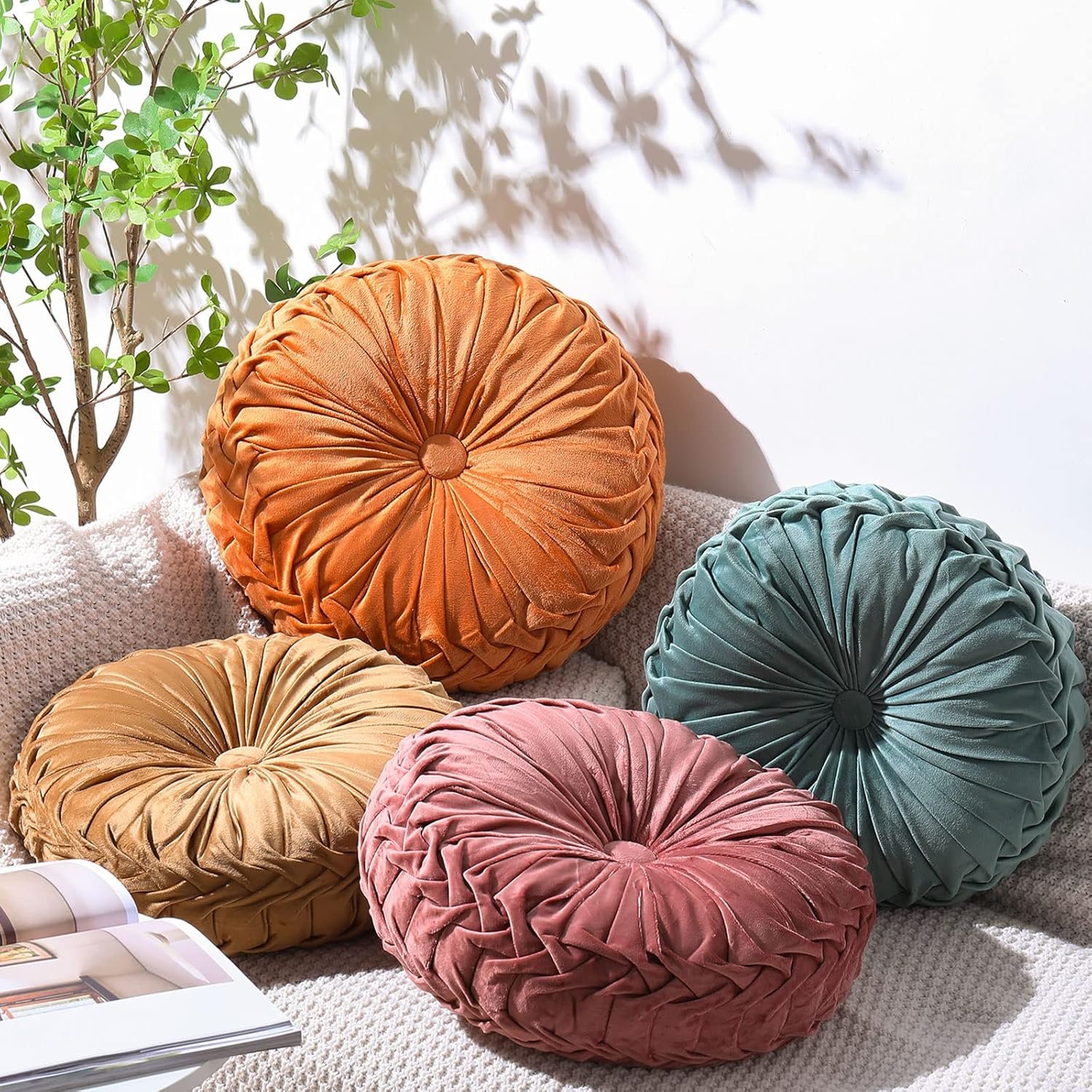 Kathfly 4 count round throw pillow velvet pleated 3d pumpkin round pillow boho floor cushion couch for bed chair home car sofa decorations 14.17 x 14.17 inches colorful.jpg