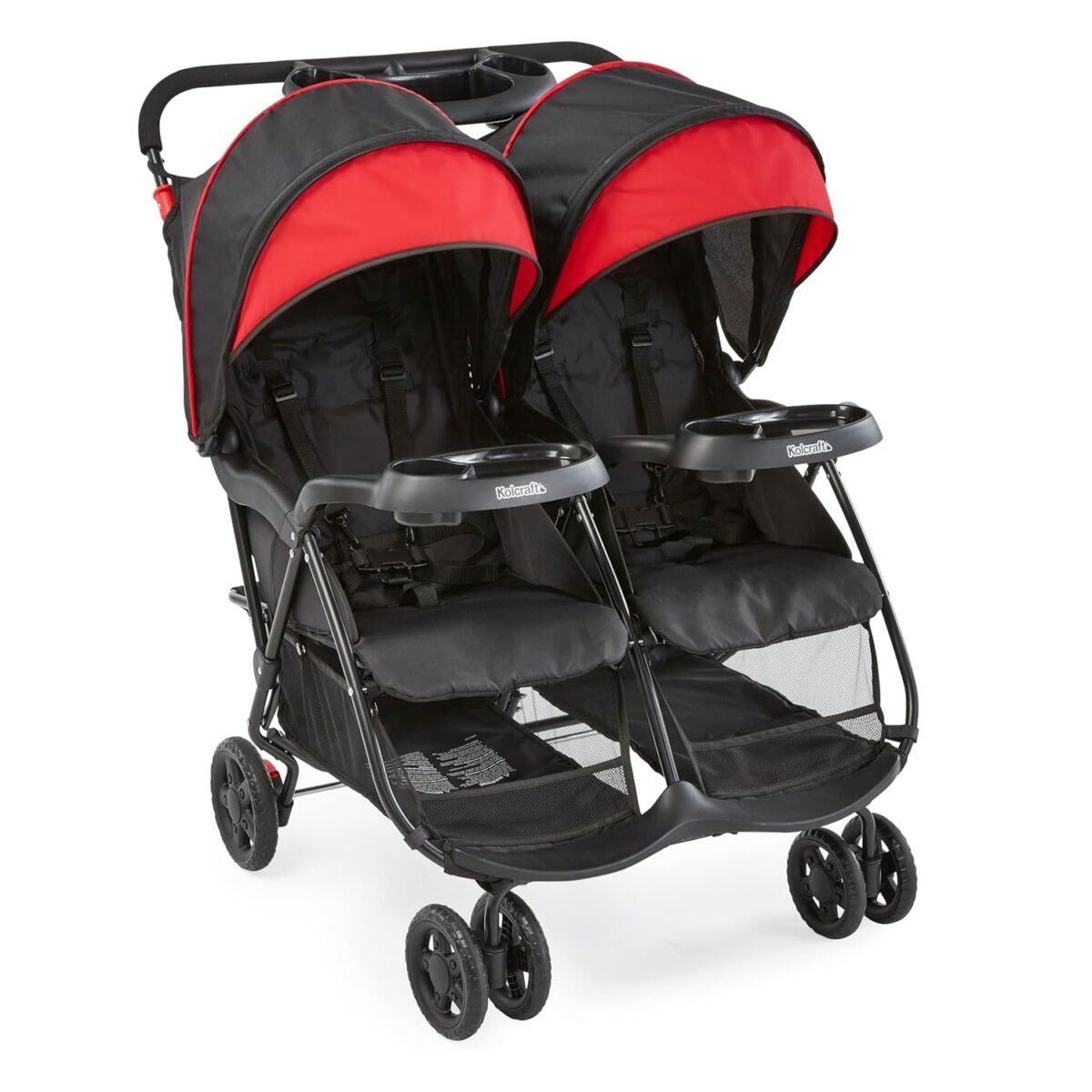 Kolcraft cloud plus side by side lightweight double baby stroller and toddler stroller with reclining seats child and parent trays large storage extendable canopies compact fold redblack.jpg