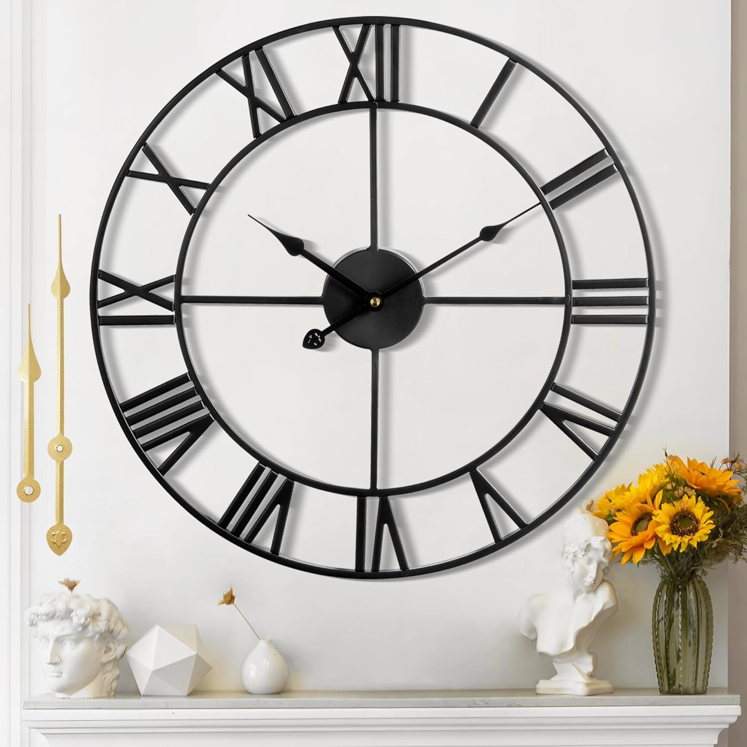 Large wall clock 40cm 16 inches silent non ticking metal wall clock black vintage modern style battery operated ideal for living room bedroom office farmhouse decor.jpg