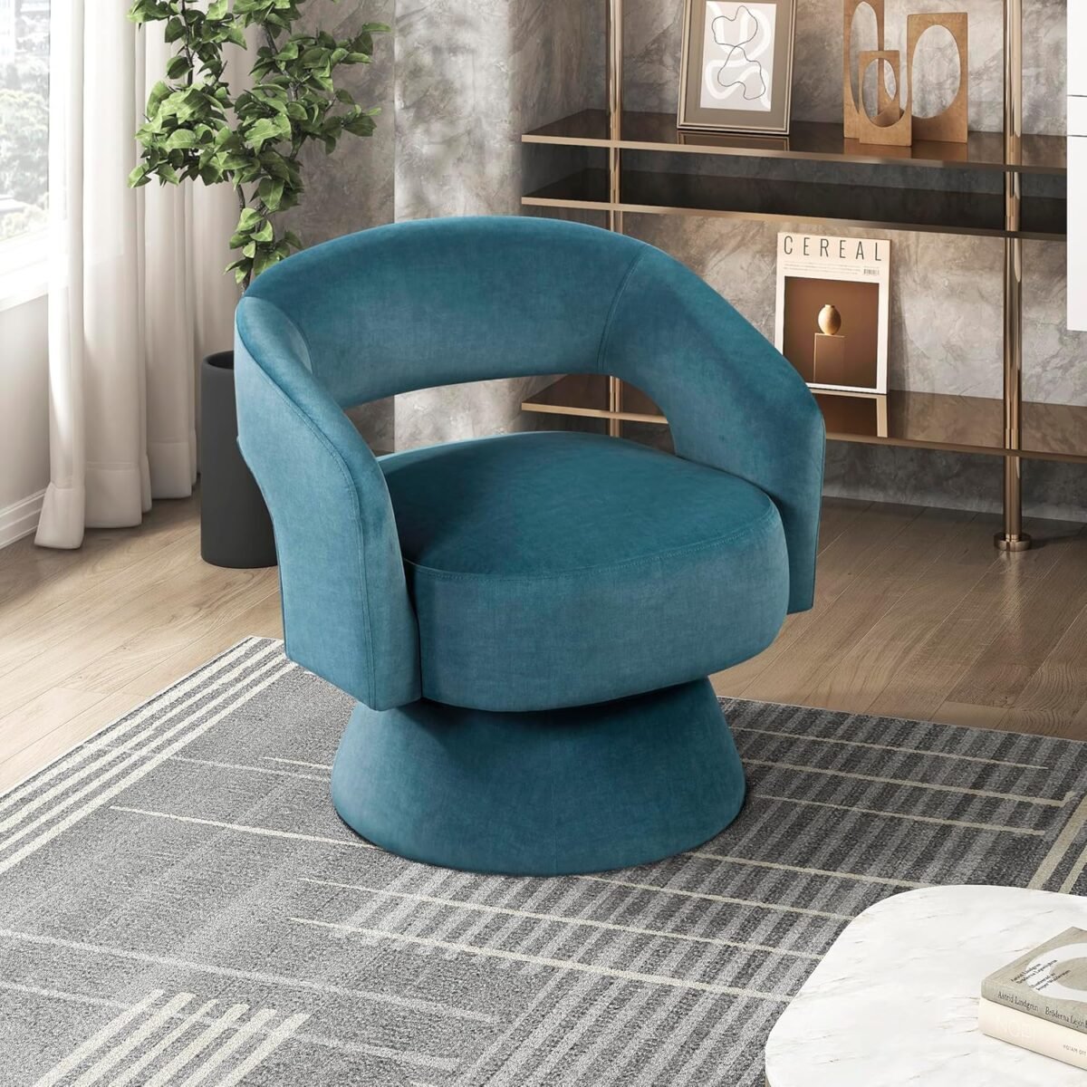 Lexicon 360 degree swivel accent chair arm chair modern comfy velvet barrel chair open back round chair with metal swivel base club armchair for living roombedroomoffice dark teal.jpg