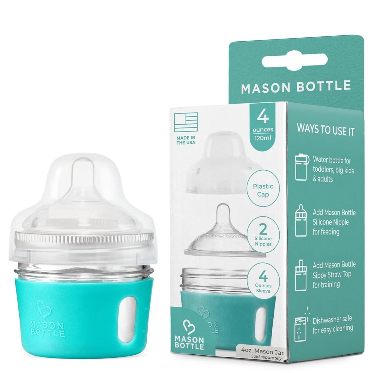 Mason bottle glass baby bottle diy kit – fits 4oz mason jars – includes 2x slow flow nipples silicone sleeve and cap ring lid and jar not included – made in usa.jpg