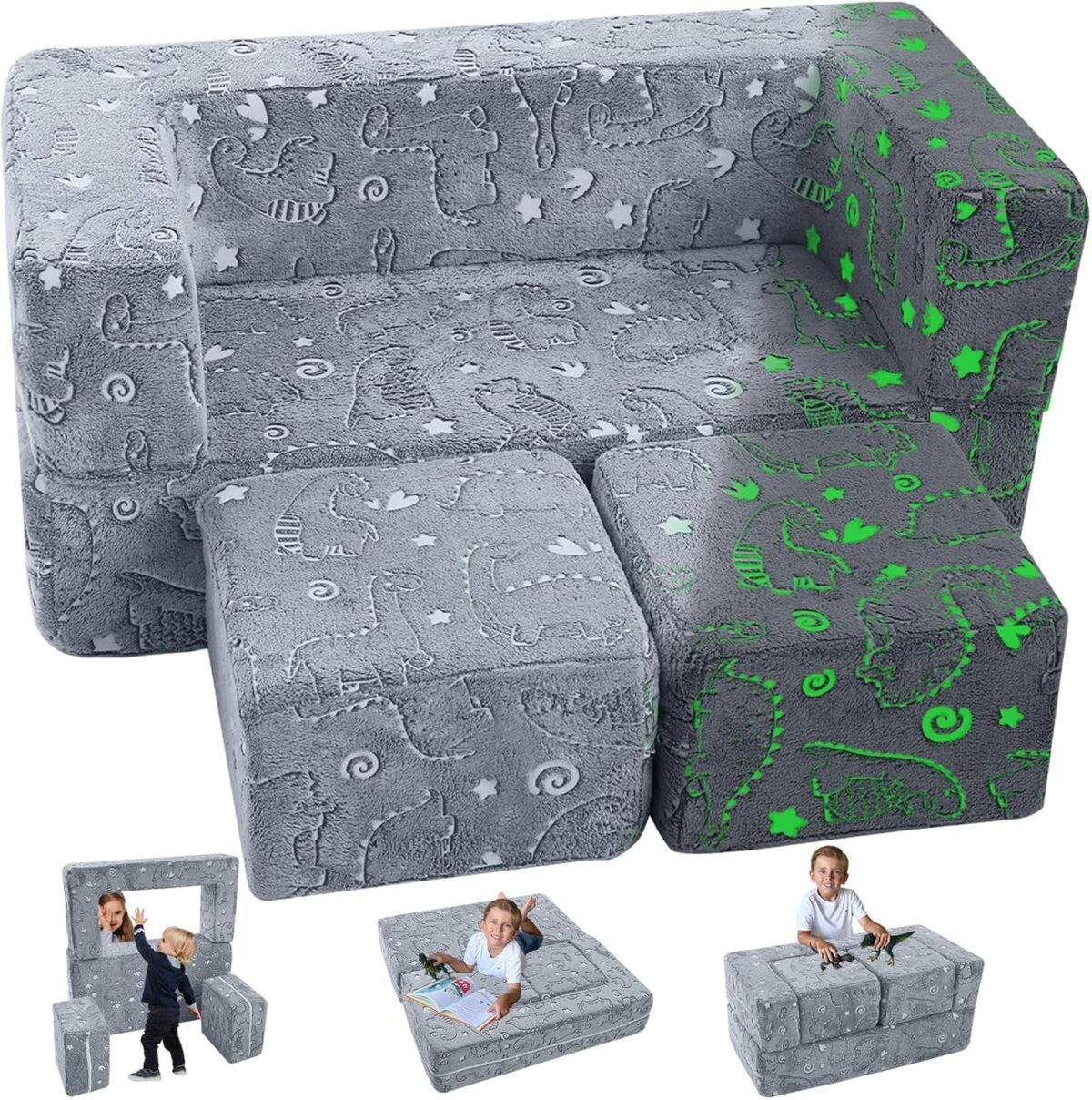 Memorecool glow in the dark modular dinosaur sofa for kids convertible toddler play couch furniture for small playroom grey.jpg