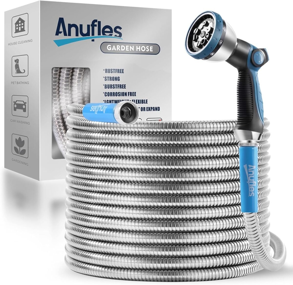 Metal garden hose 100ft upgraded kink free and rust resistant design stainless steel garden hose with solid fitting and 10 function nozzle durable and lightweight outdoor hose easy to store.jpg