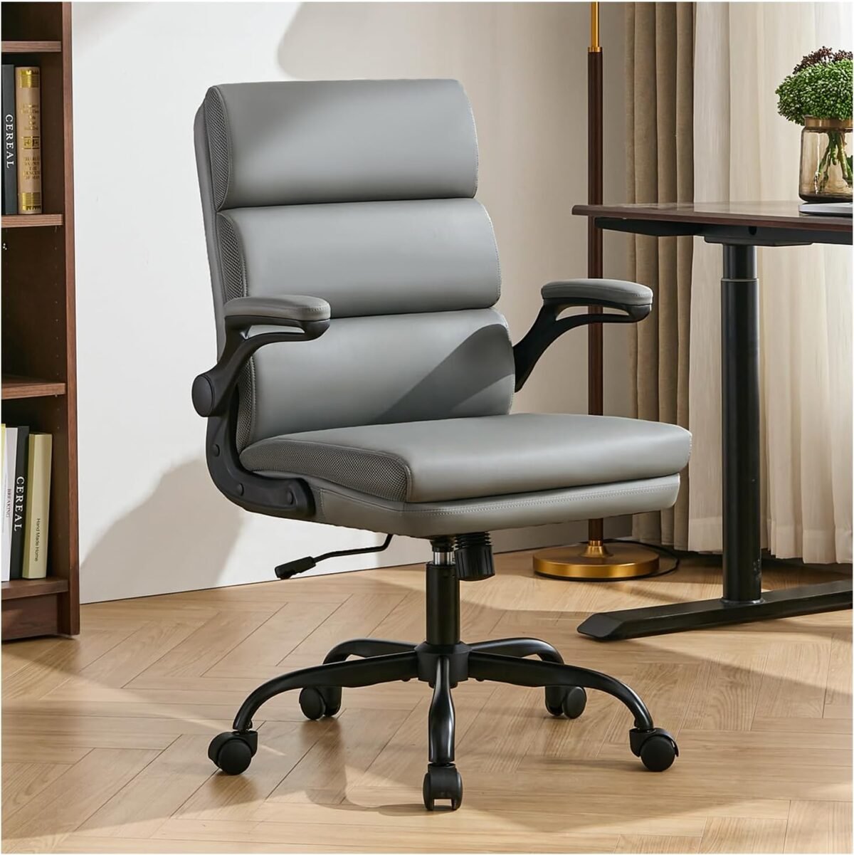 Office chair adjustable desk chair mid back executive comfortable bonded leather ergonomic back support home computer chair with padded flip up armrest swivel wheels gray.jpg