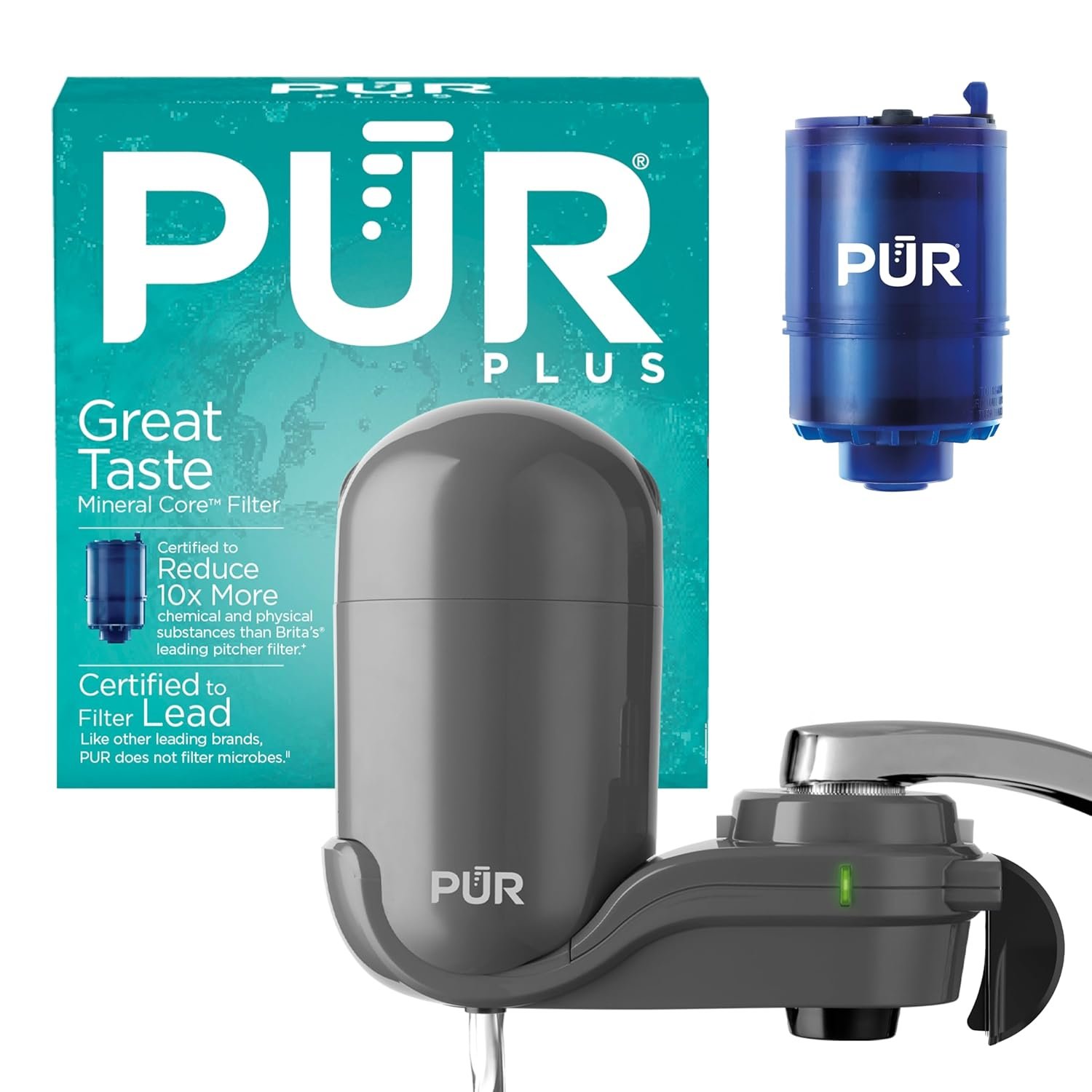 Pur plus vertical faucet mount water filtration system with 3 in 1 lead reducing filter for great tasting filtered tap water lasts 100 gallons fits most kitchen or bathroom faucets grey.jpg