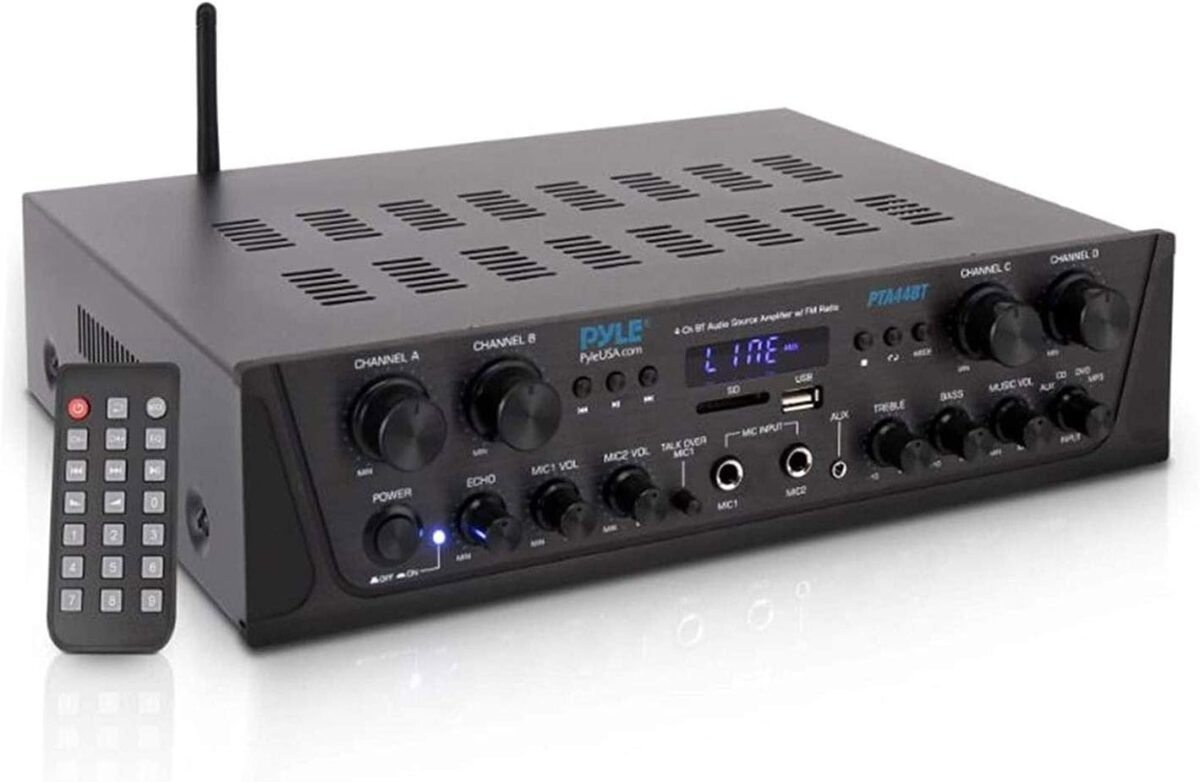 Pyle 500w 4 channel karaoke bluetooth amplifier home theater audio receiver with aux fm rca subwoofer output usb microphone input with echo for wireless music streaming pta44bt.jpg