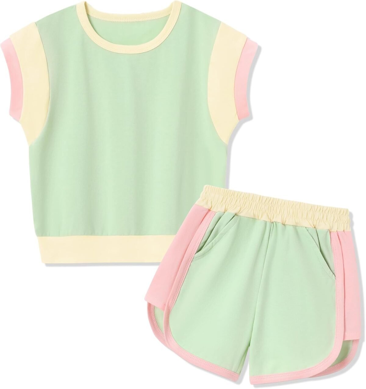 Sanmio toddler girl clothes 2025 summer toddler girls color block short sleeve shorts sweatsuit outfits.jpg