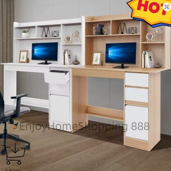 100cm Warm White/Oak Study Desk with Bookshelf & Storage Modern Design, Drawers & Cabinet, Easy Assembly for Home Office