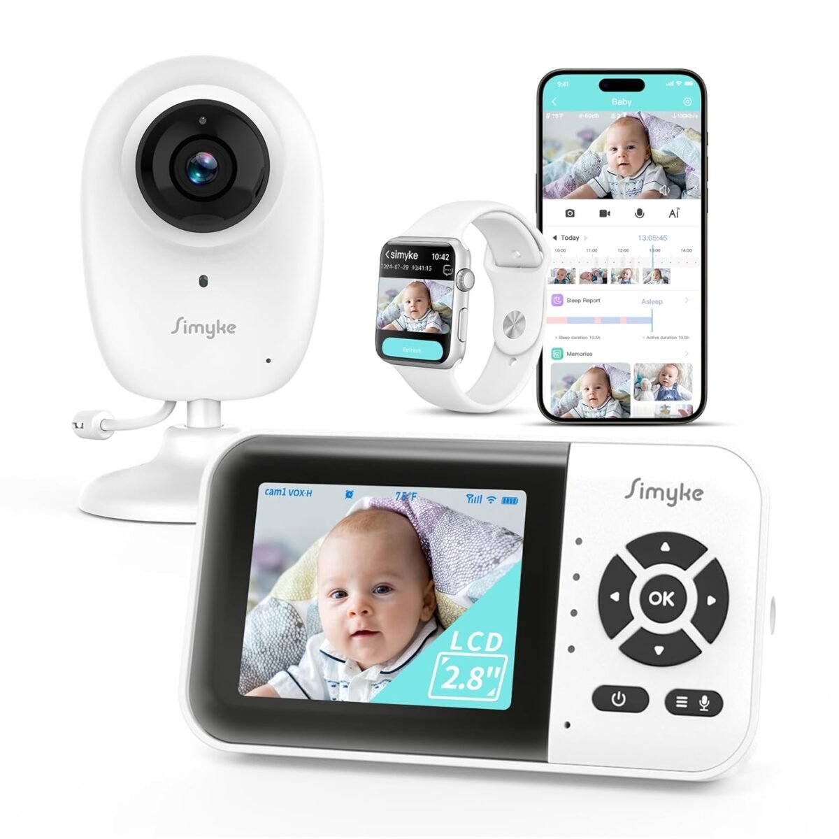 Smart video baby monitor with camera and audiodual modewifi onoff switch2.8inch displayapp1080p camera1500ft long rangenight visionfeeding clocktemperature detection2 way talk.jpg