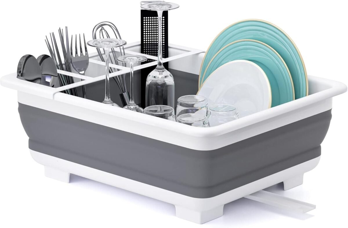 Thanstar collapsible dish drying rack portable dinnerware drainer organizer for kitchen rv campers travel trailer space saving kitchen storage tray.jpg