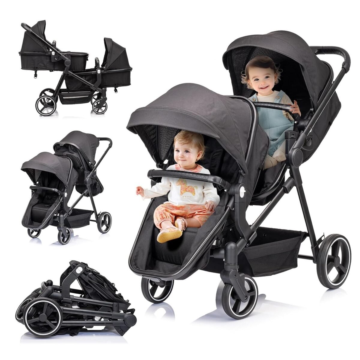 Twins strollersingle double lightweight travel folding stroller reversible bassinet pram for newborntoddler with 5 point harnessadjustable canopyguardrailsstorage.jpg