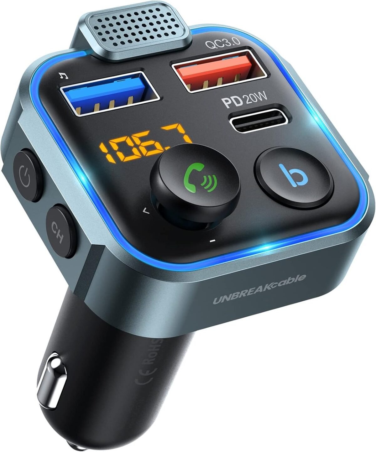 Unbreakcable bluetooth 5.3 fm transmitter for car pd 20w qc 3.0 stronger microphone hifi bass sound cigarette lighter radio music adapter charger supports hands free siri google assistant.jpg