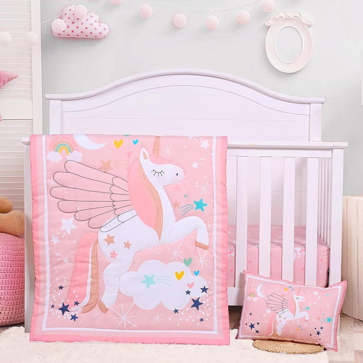 Uomny crib bedding set for girls pink baby nursery sets 3 pieces quilt comforter fitted sheet toddler pillowcase soft star.jpg