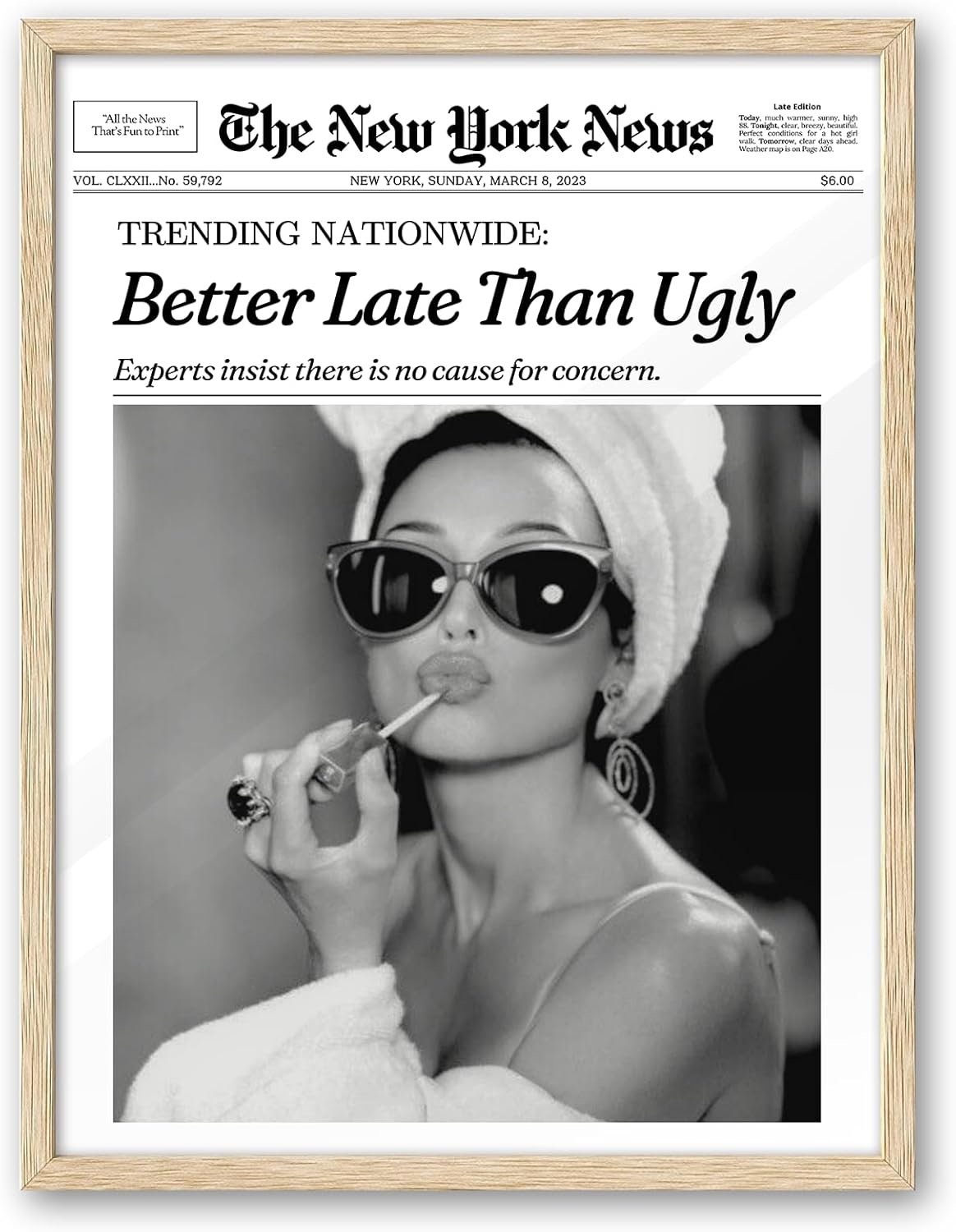 Ihery natural oak wood audrey hepburn newspaper trendy framed wall art 12x16 in vintage headline canvas bedroom wall decor better late than uglyset of 1 bathroom print apartment girly dorm room.jpg