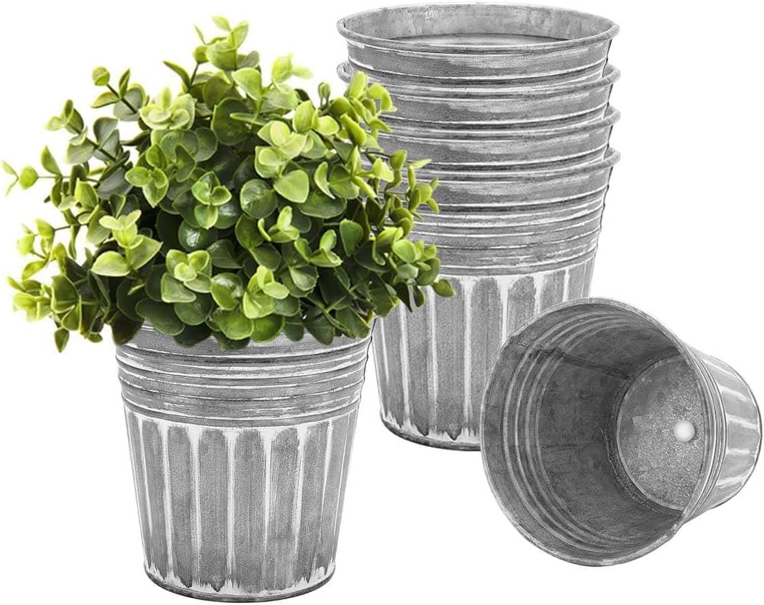 Vensovo 6 inch silver metal rustic flower pots 6pcs galvanized planters with drainage hole and rubber plug rustproof metal bucket plant pots farmhouse vintage style for decor.jpg