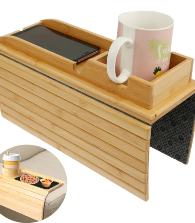 Couch Cup Holder Bamboo Wood Sofa Armrest Tray Foldable Sofa Cup Holder Anti-Slip Couch Arm Cup Holder Sofa Side Storage Tray 1