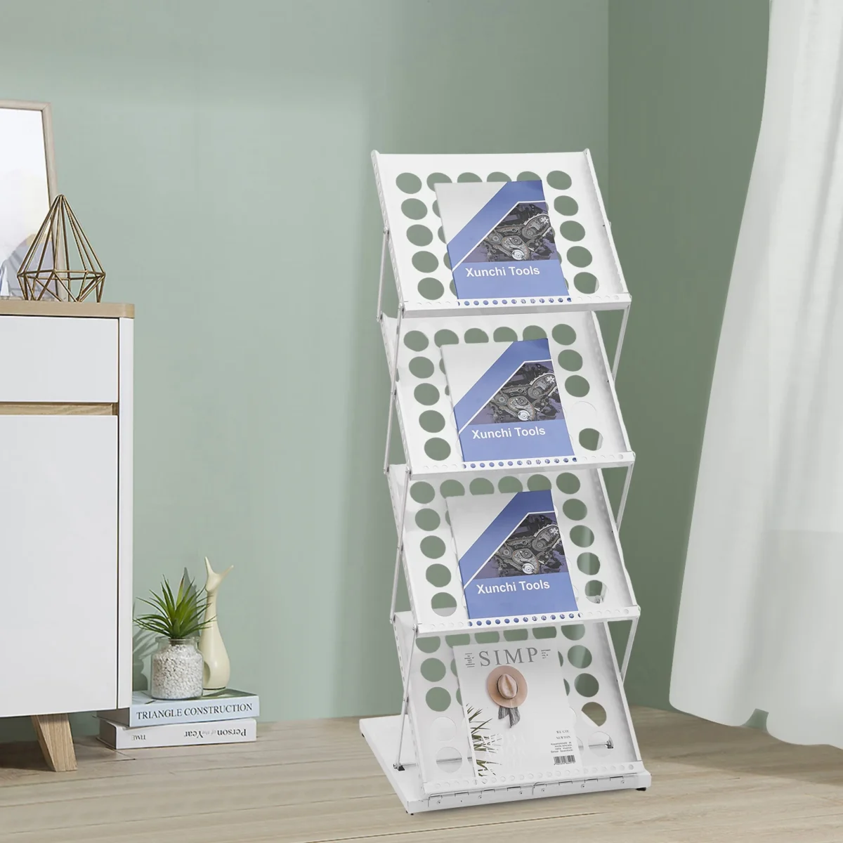 Foldable Floor Magazine Rack 4-tier Metal White Freestanding Home Office Book Organizer Holder Stand 6